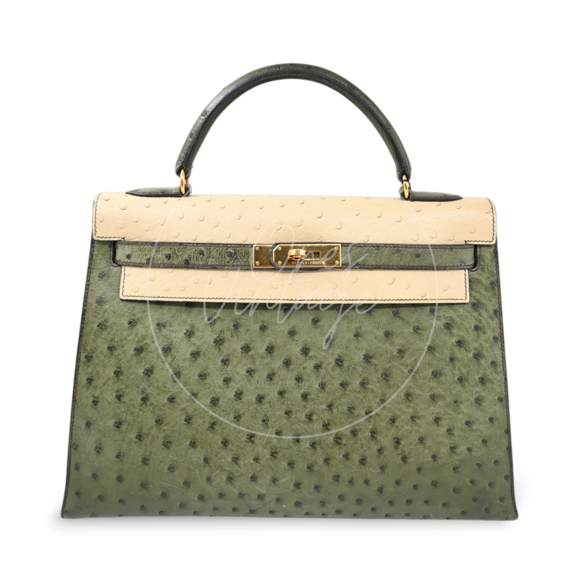 Hermes Kelly Sellier 32 Ostrich Leather GHW Olive Parchemin Circle Y
