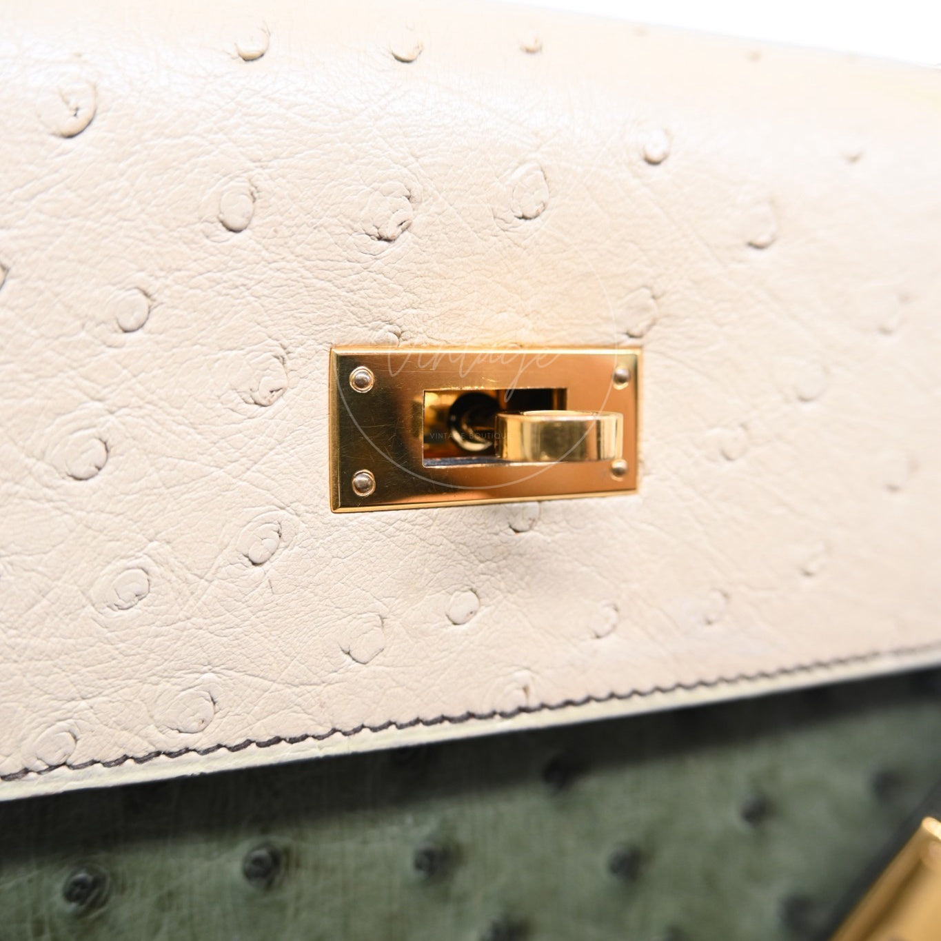 Hermes Kelly Sellier 32 Ostrich Leather GHW Olive Parchemin Circle Y