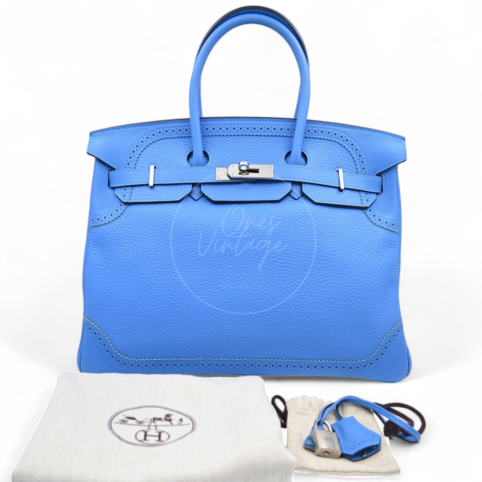 Hermes Ghillies Birkin 35 PHW Taurillon Clemence Evercolor PHW Blue Stamp X