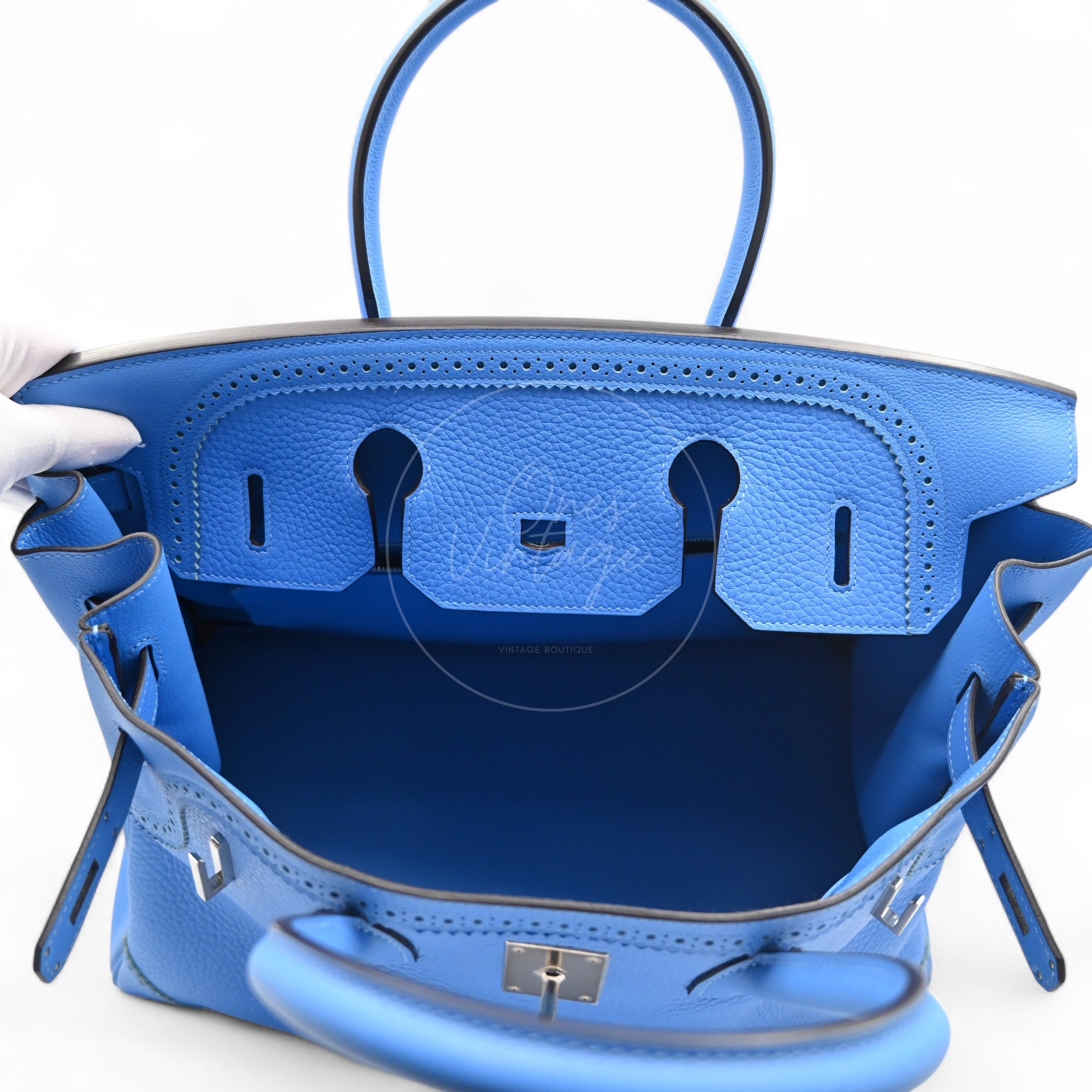 Hermes Ghillies Birkin 35 PHW Taurillon Clemence Evercolor PHW Blue Stamp X