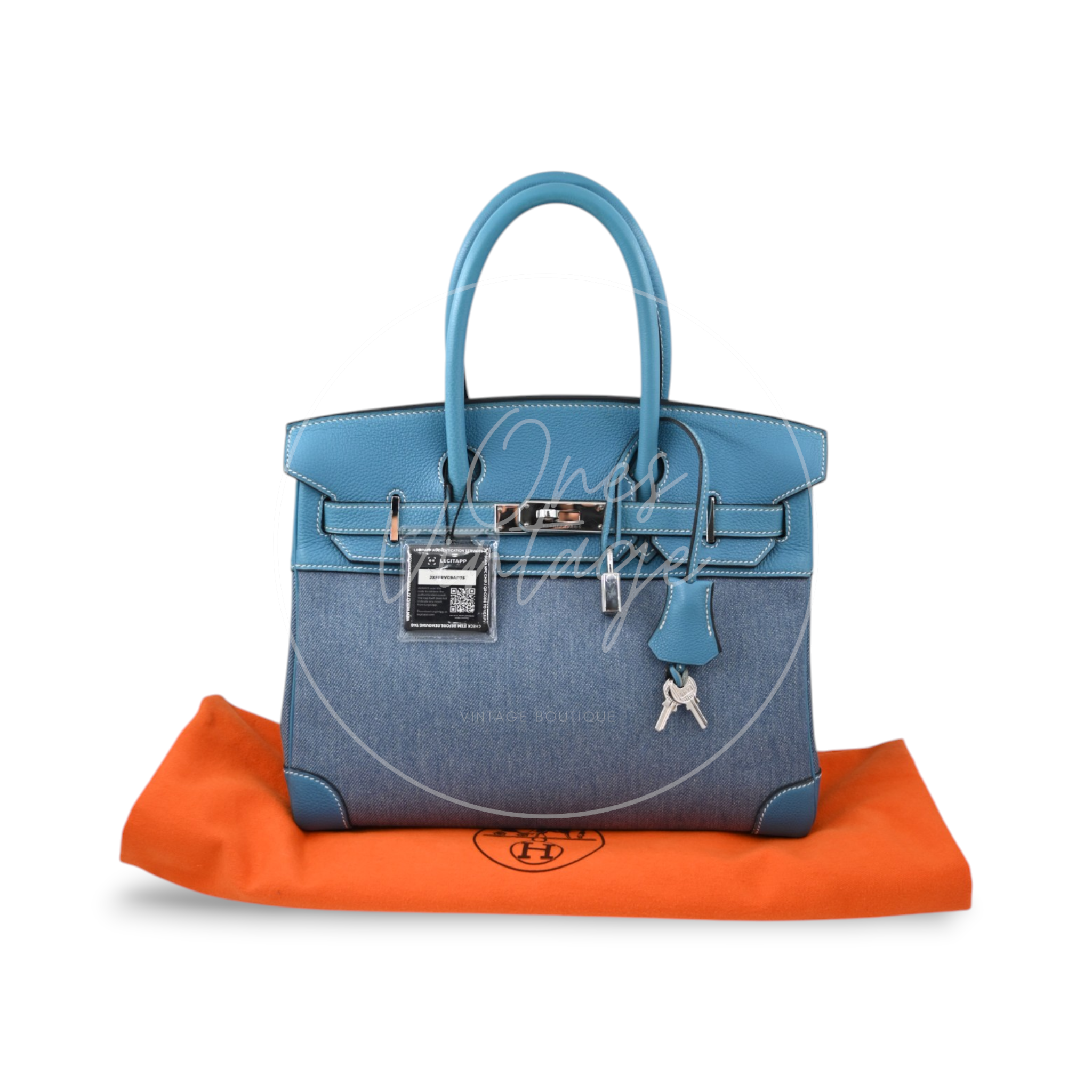 Hermes Birkin 30 Denim Tolie PHW Blue Square F