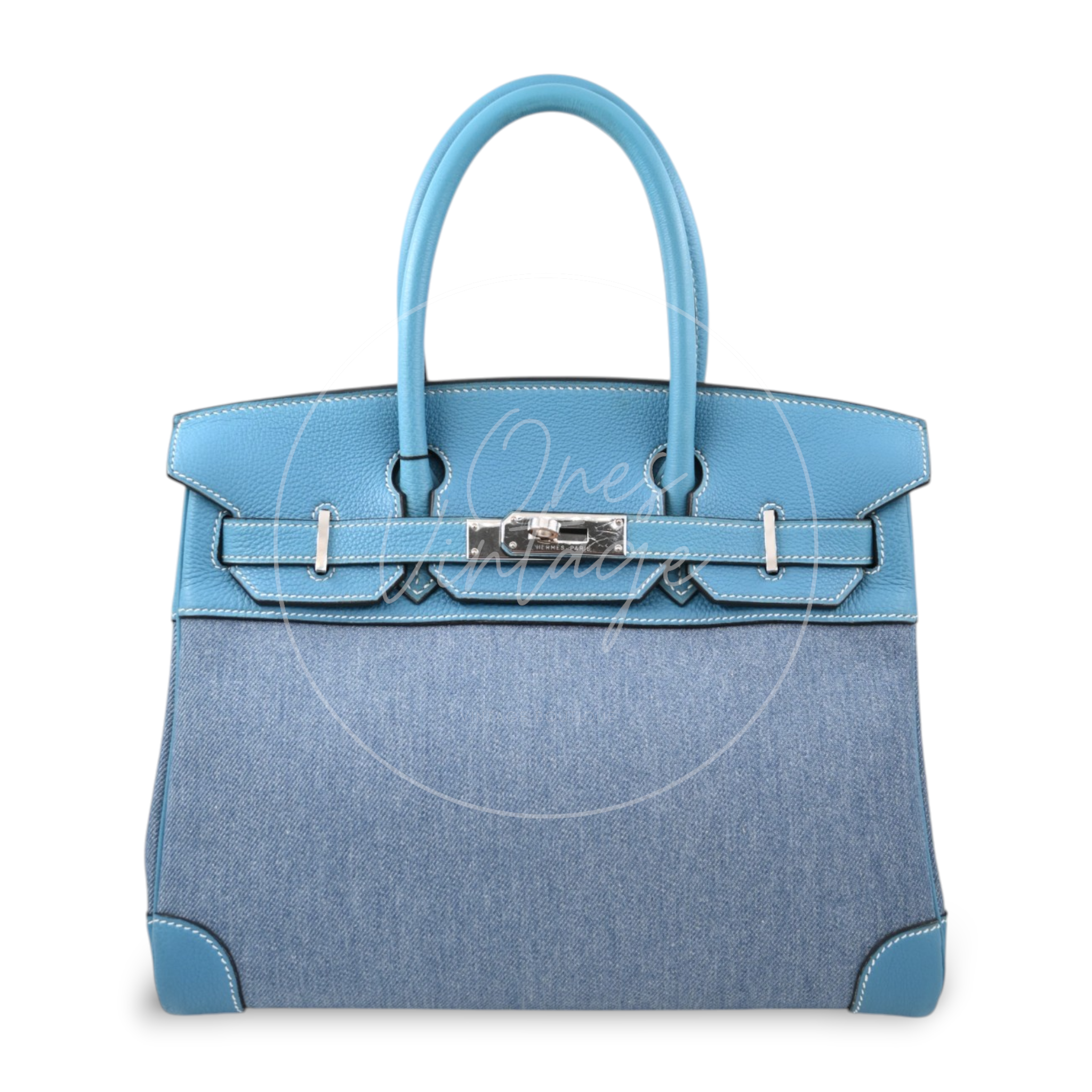 Hermes Birkin 30 Denim Tolie PHW Blue Square F