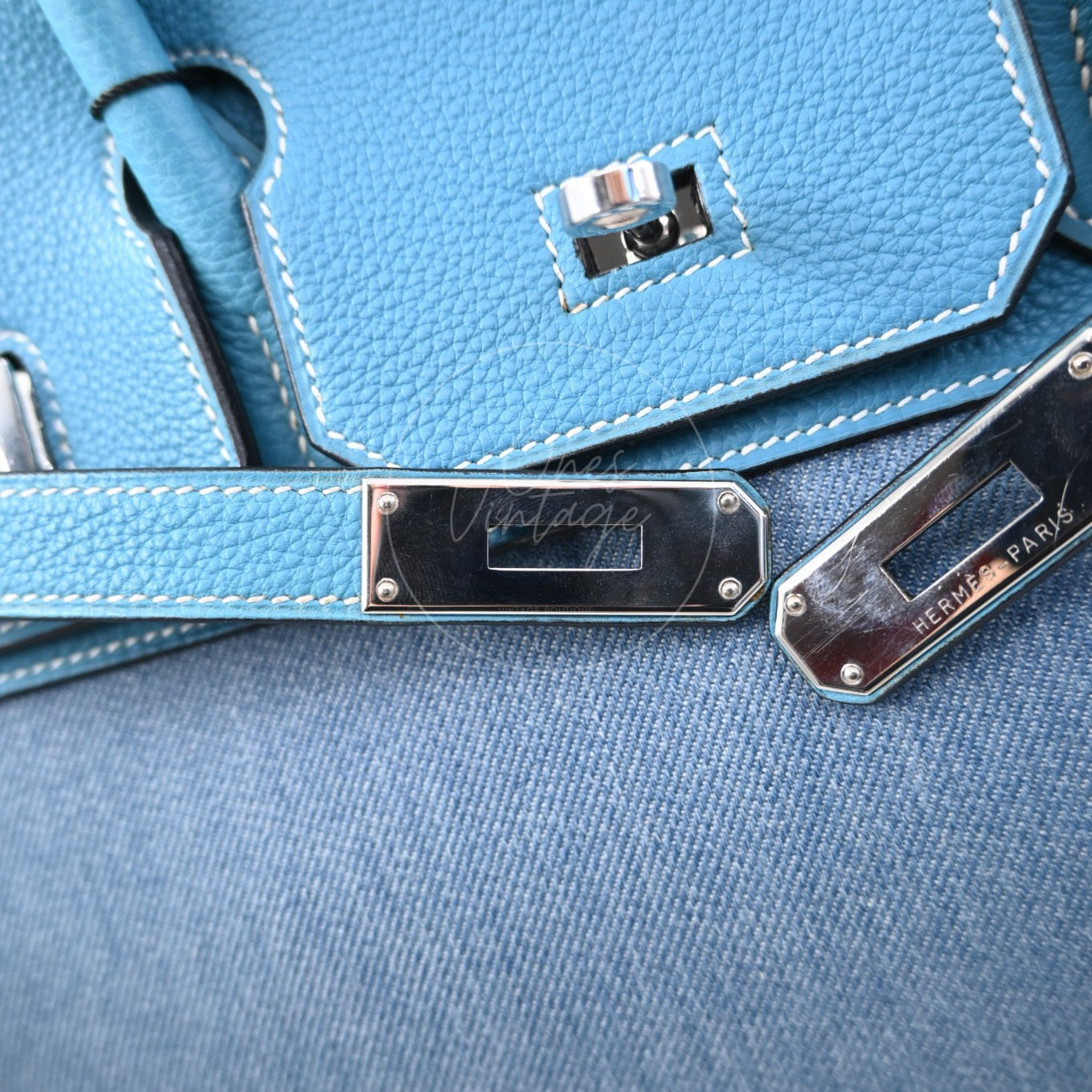 Hermes Birkin 30 Denim Tolie PHW Blue Square F