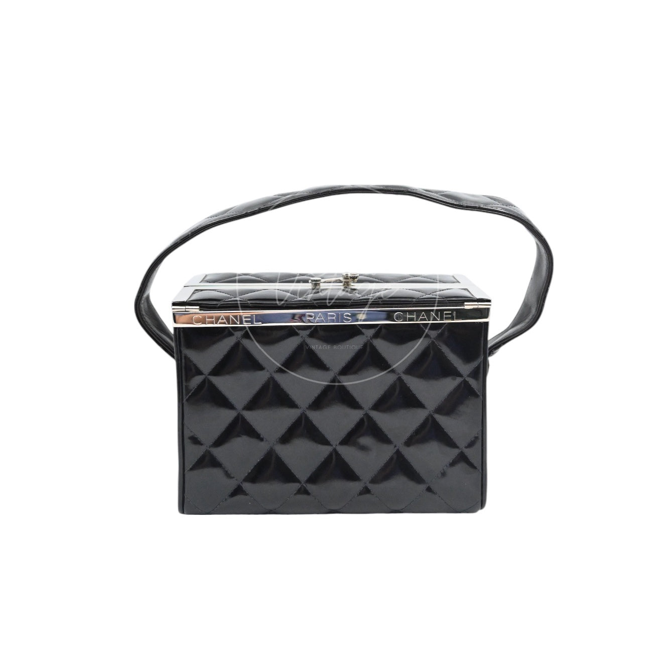 Chanel Vintage vanity box case bag in black patent leather with silver-tone engraved metal frame front view