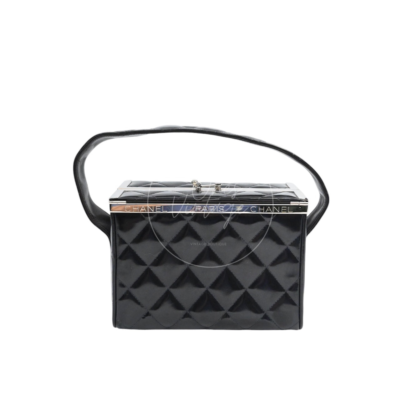 Chanel Vintage Black Patent Vanity Box Handbag SHW Black Series 4