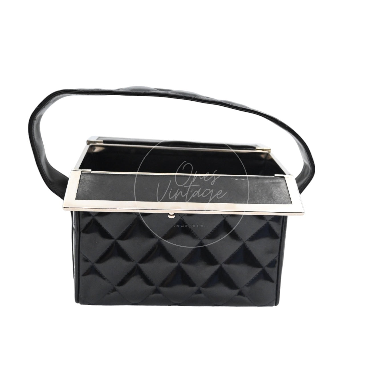 Chanel Vintage Black Patent Vanity Box Handbag SHW Black Series 4