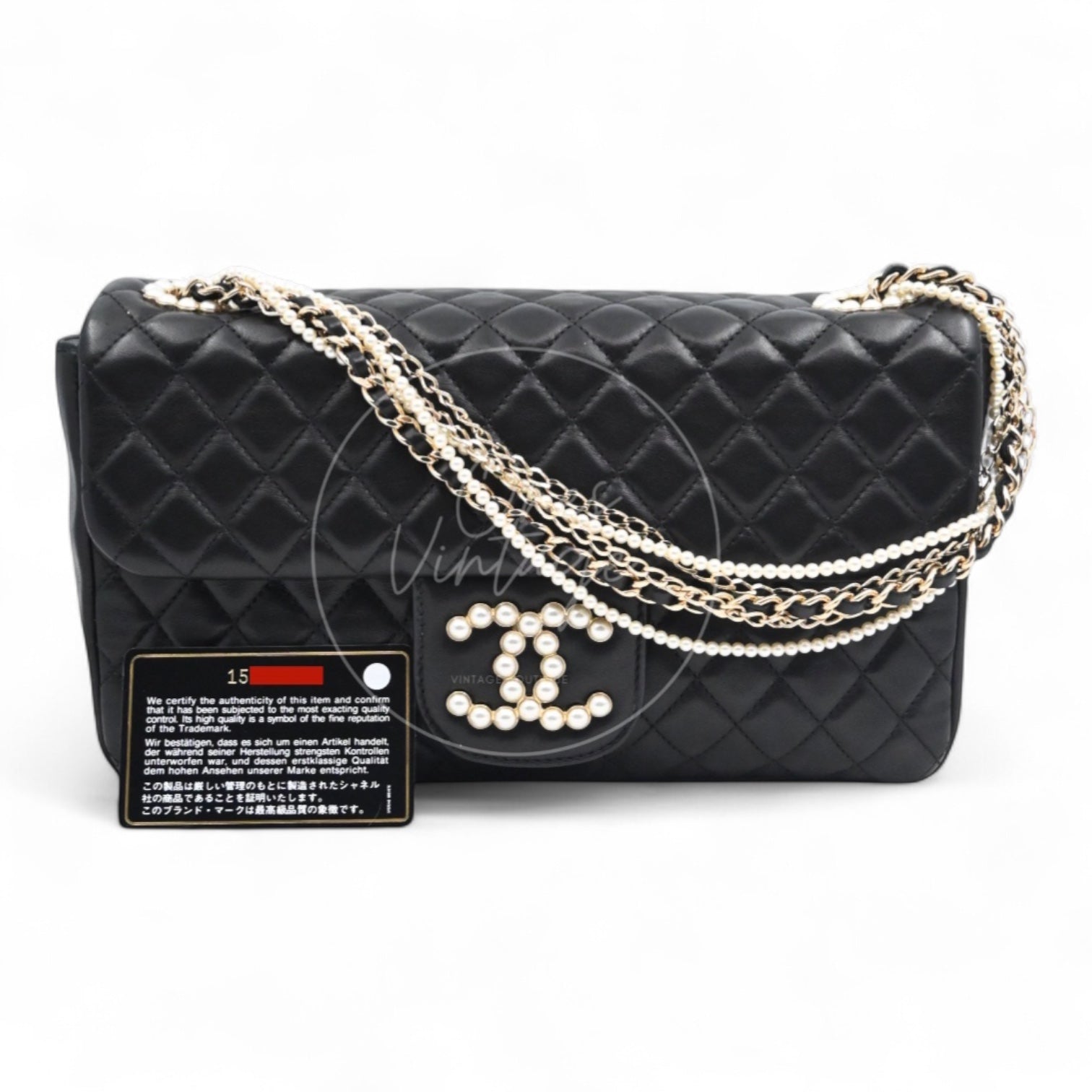 Chanel Westminster Pearl Black Lambskin Medium Classic Flap Bag With Pearl Chain GHW