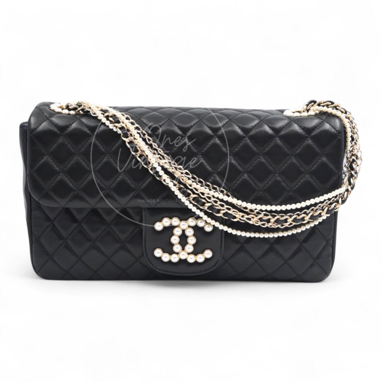 Chanel Pearl Classic Flap bag in black lambskin with faux pearl CC turn-lock and layered pearl strap