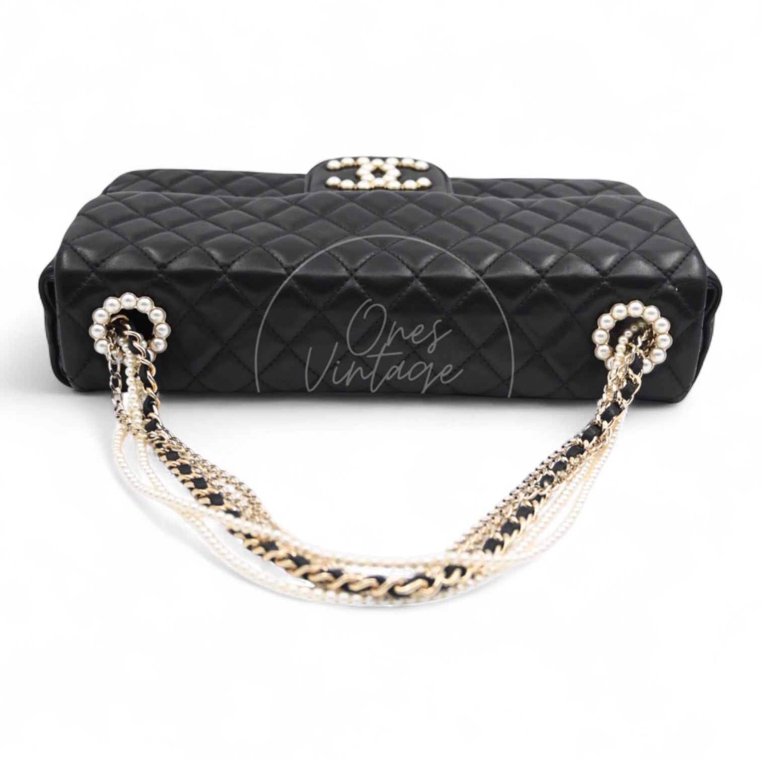 Chanel Westminster Pearl Black Lambskin Medium Classic Flap Bag With Pearl Chain GHW