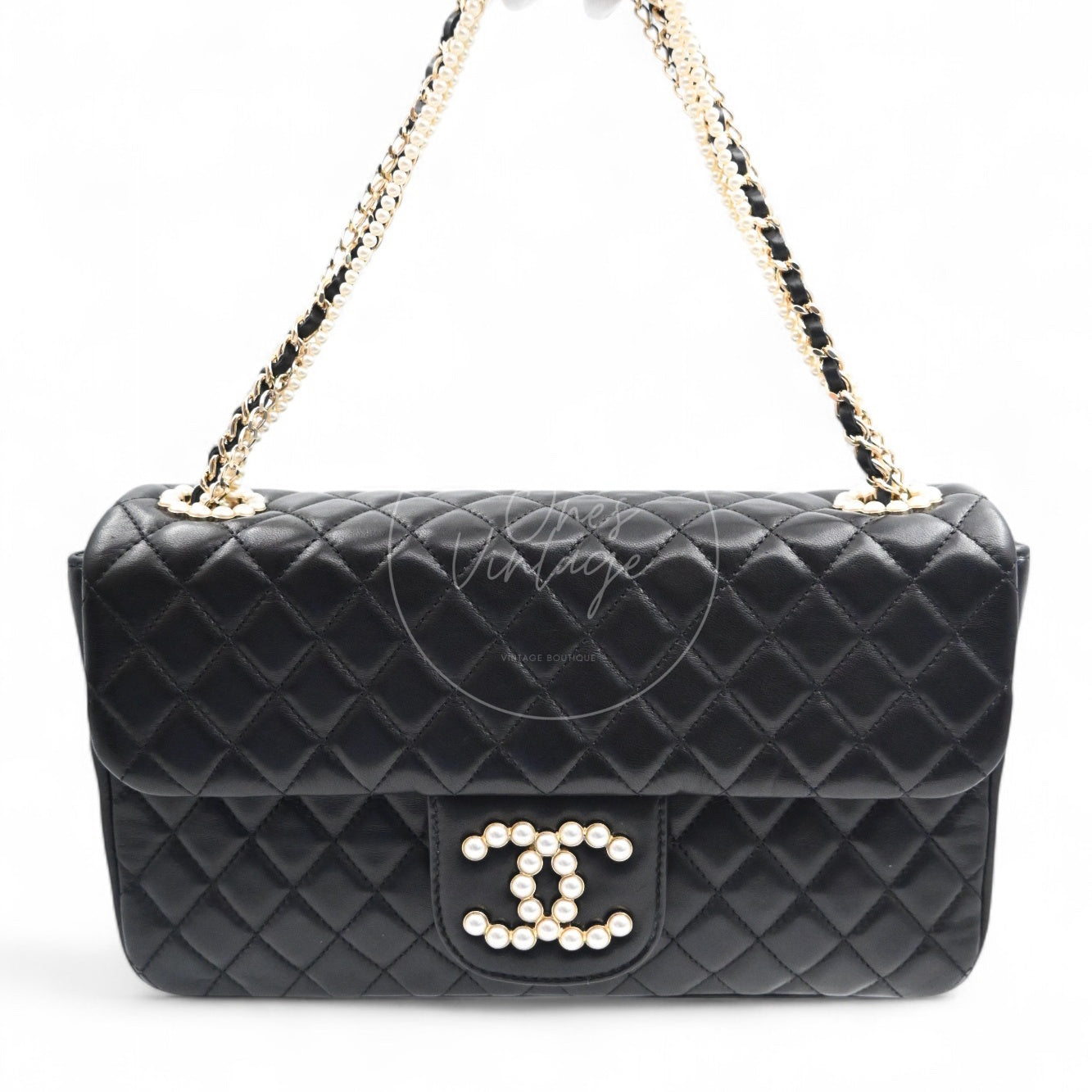 Chanel Westminster Pearl Black Lambskin Medium Classic Flap Bag With Pearl Chain GHW