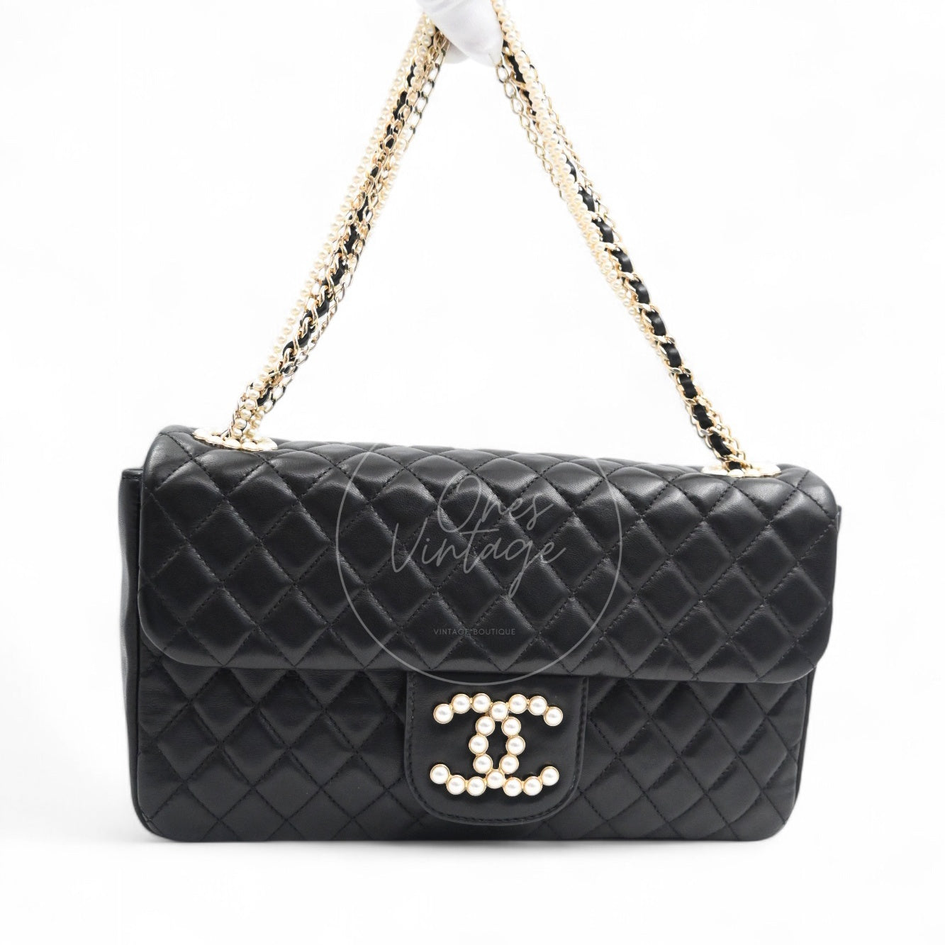 Chanel Westminster Pearl Black Lambskin Medium Classic Flap Bag With Pearl Chain GHW