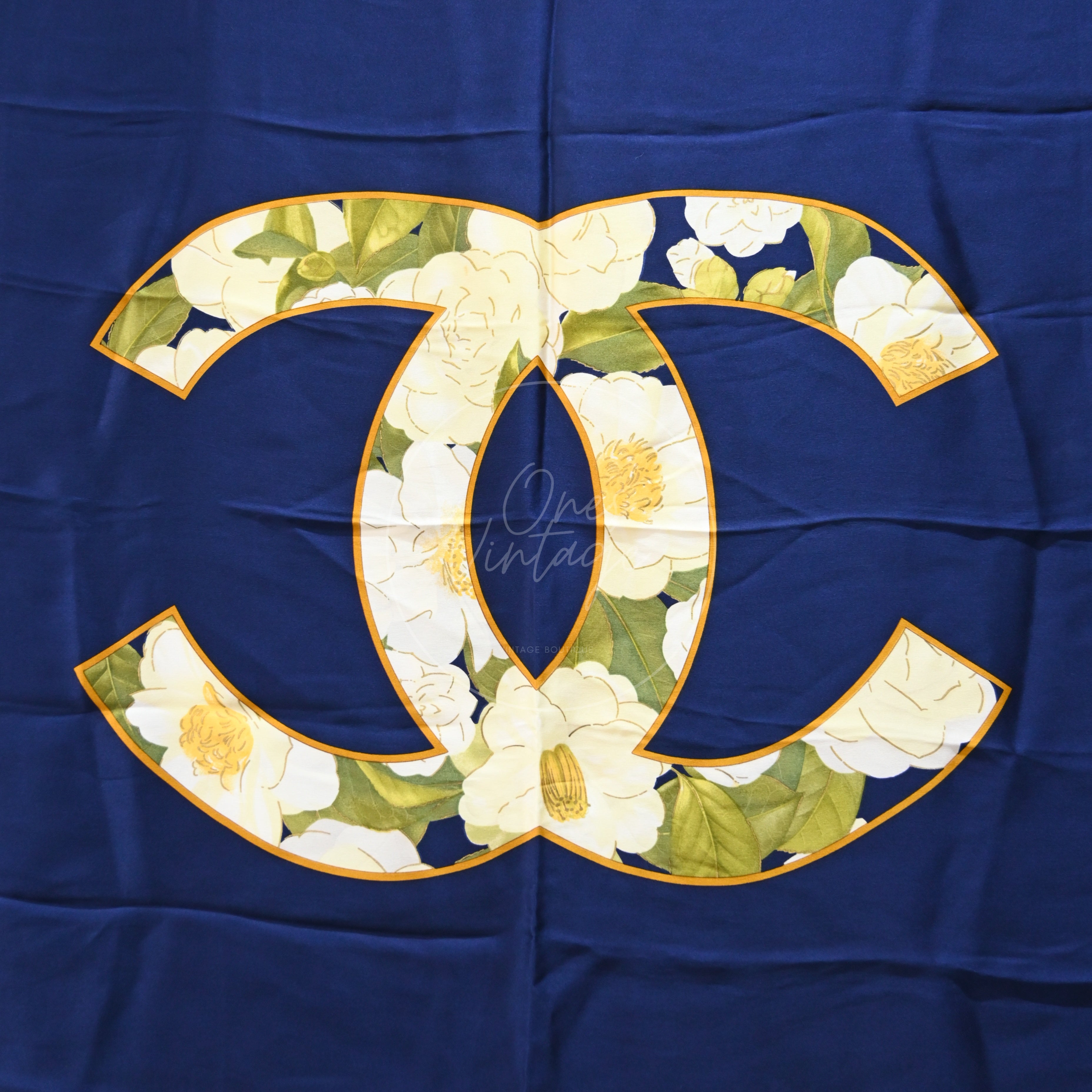 Chanel CC Mark Camellia With Gold Chain Pattern Square Scarf