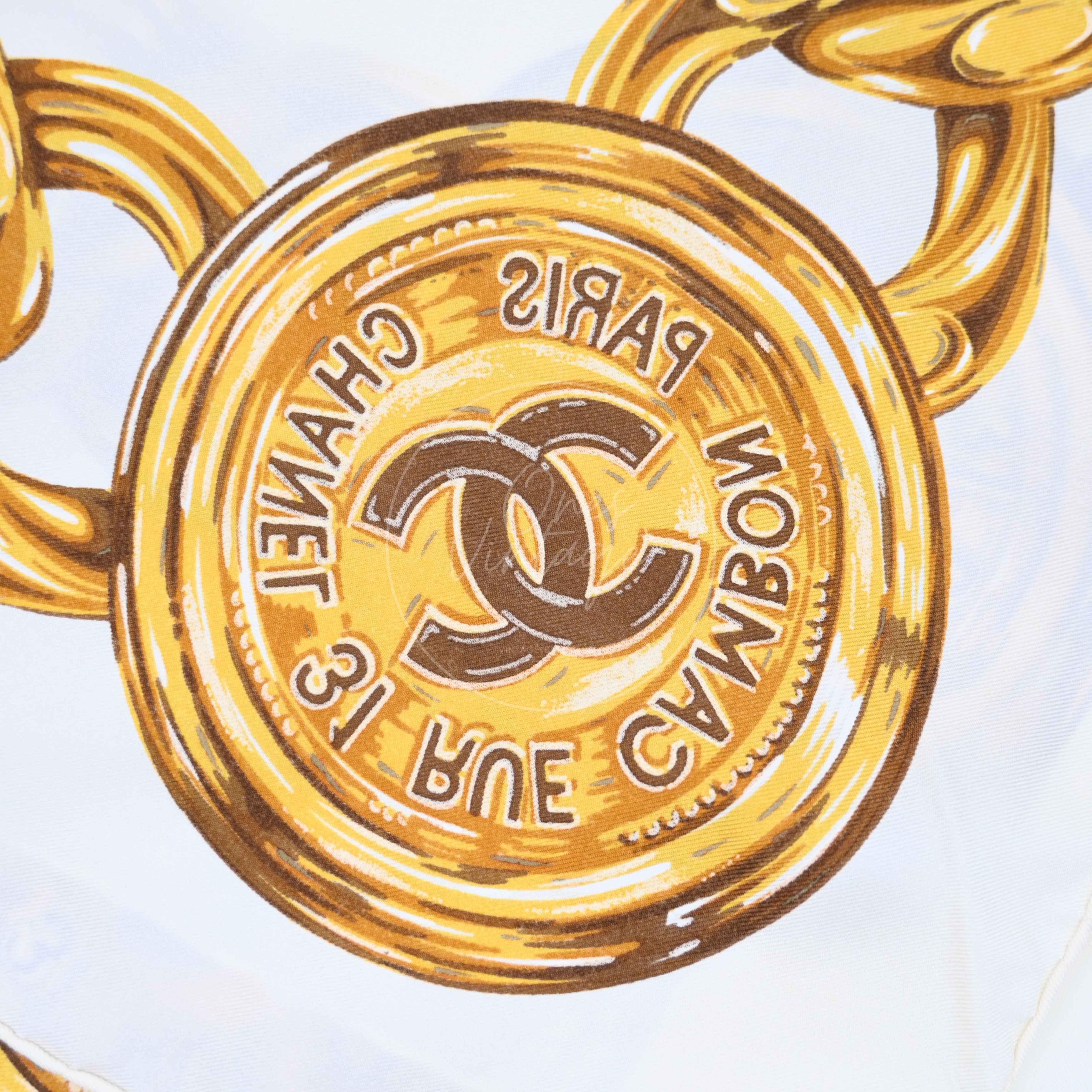 Chanel White 31rue Cambon Gold Chain With CC Mark Scarf