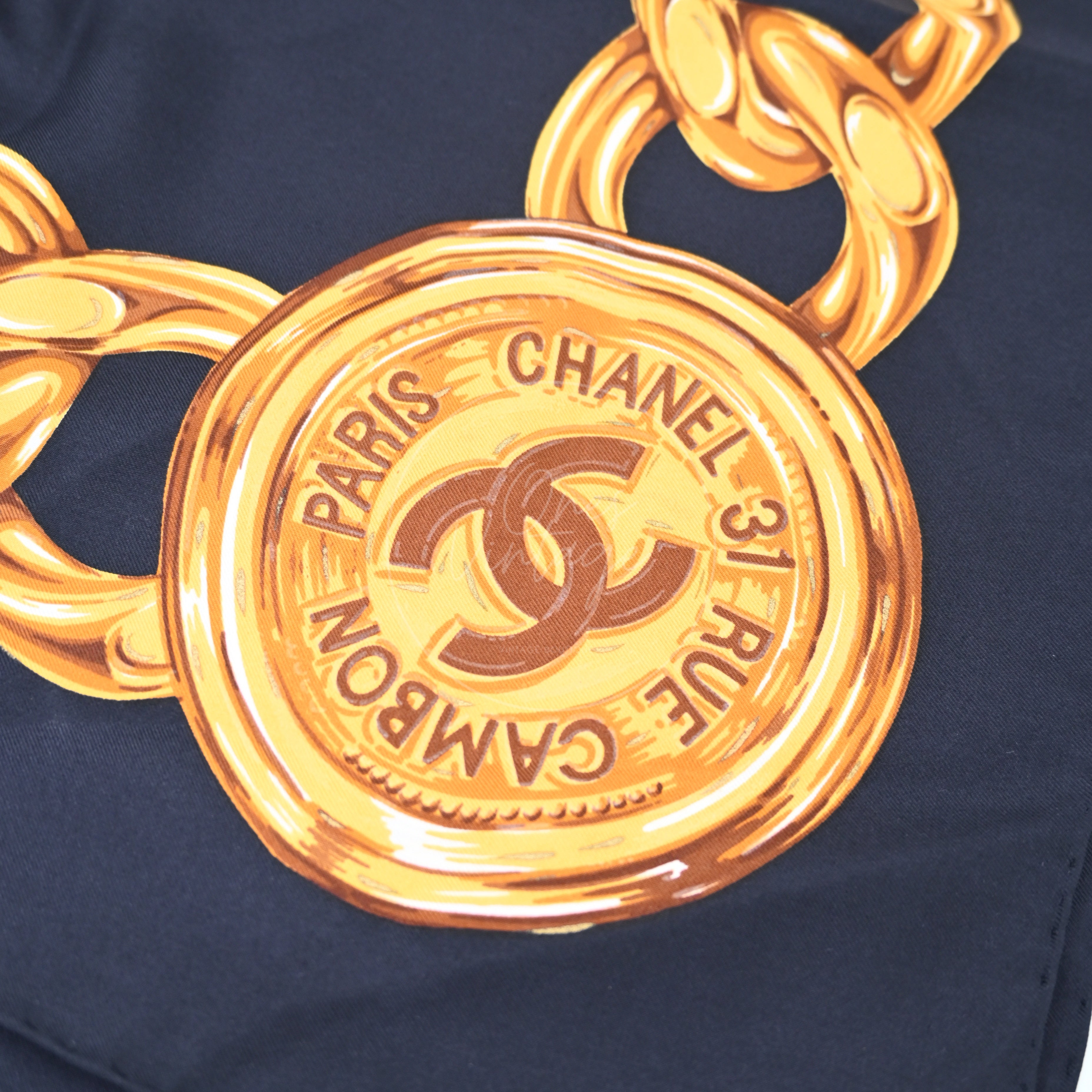 Chanel CC Logo With Gold Chain Pattern Square Scarf