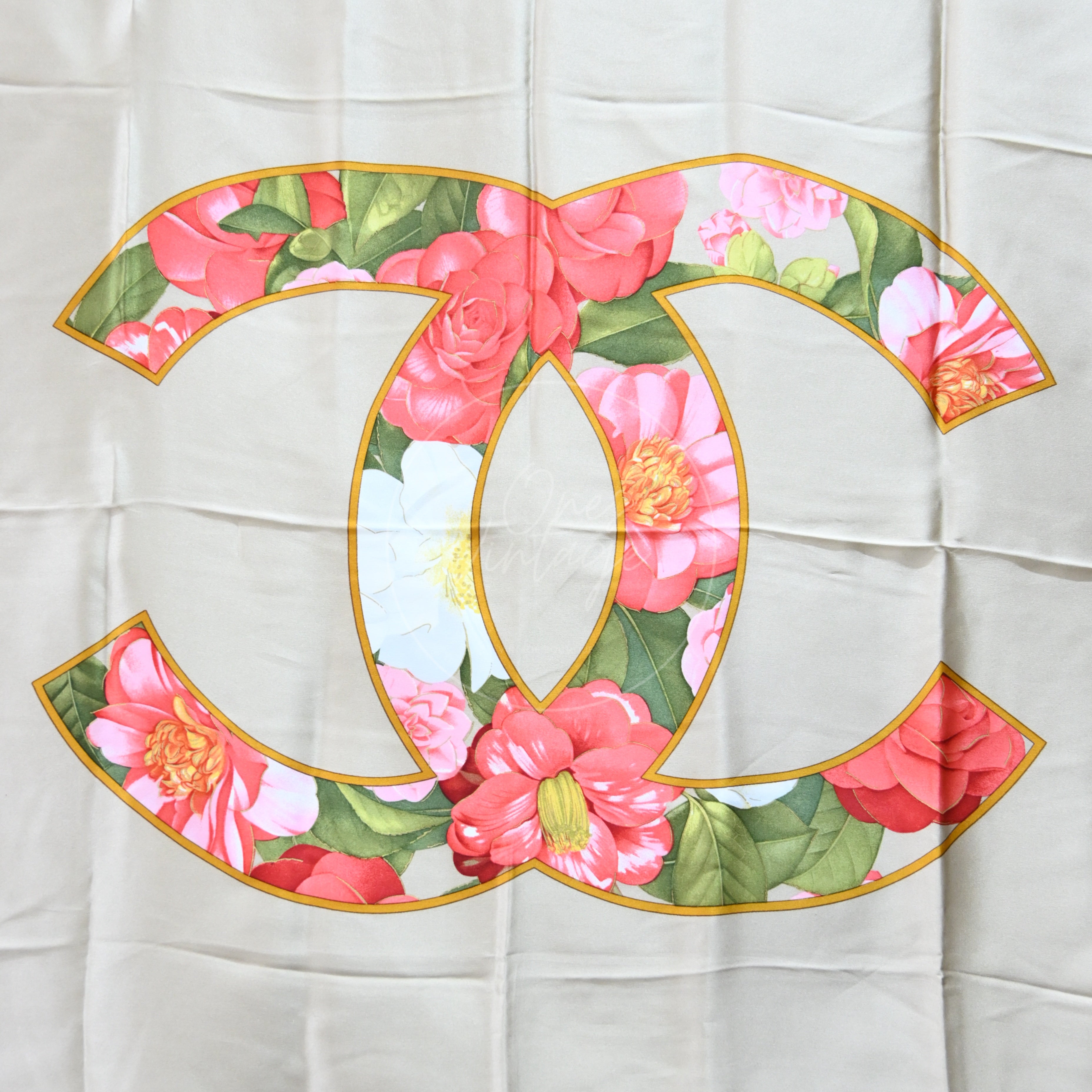 Chanel Vintage CC Mark with Red Camellia and Chain Pattern Square Scarf