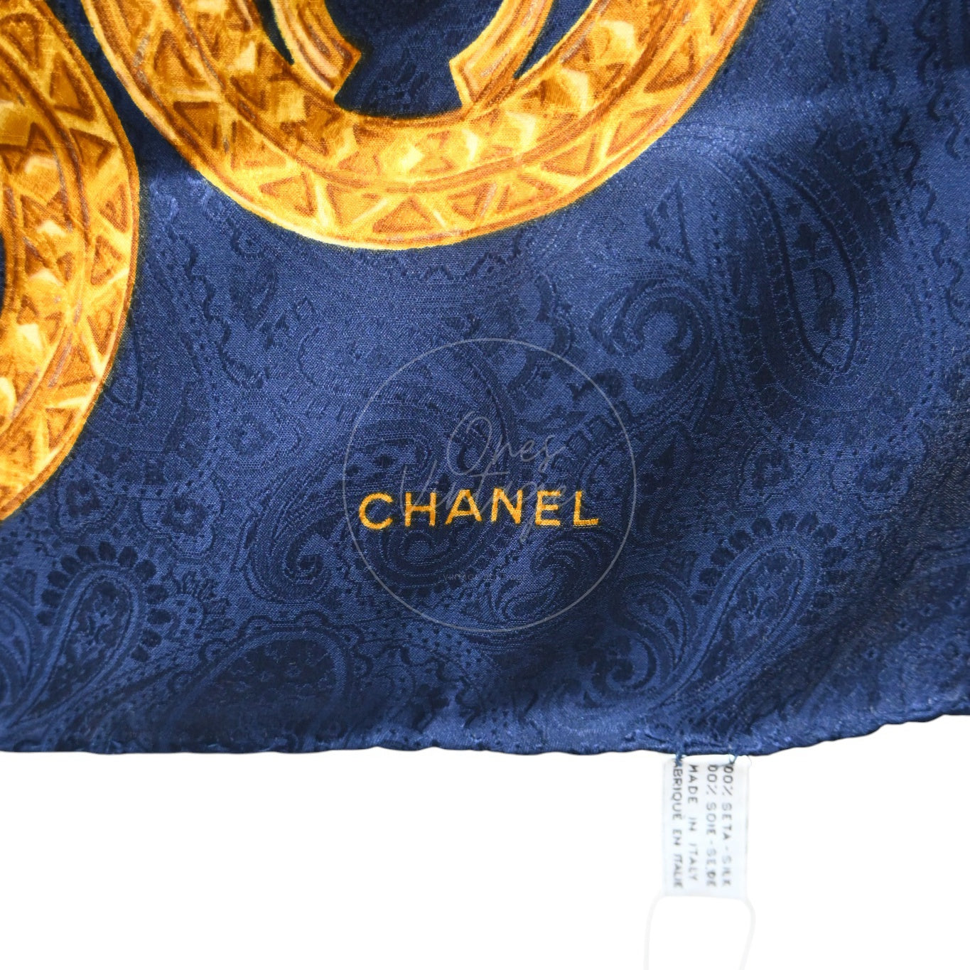 Chanel CC Mark Charms Chain Pattern Navy Square Scarf