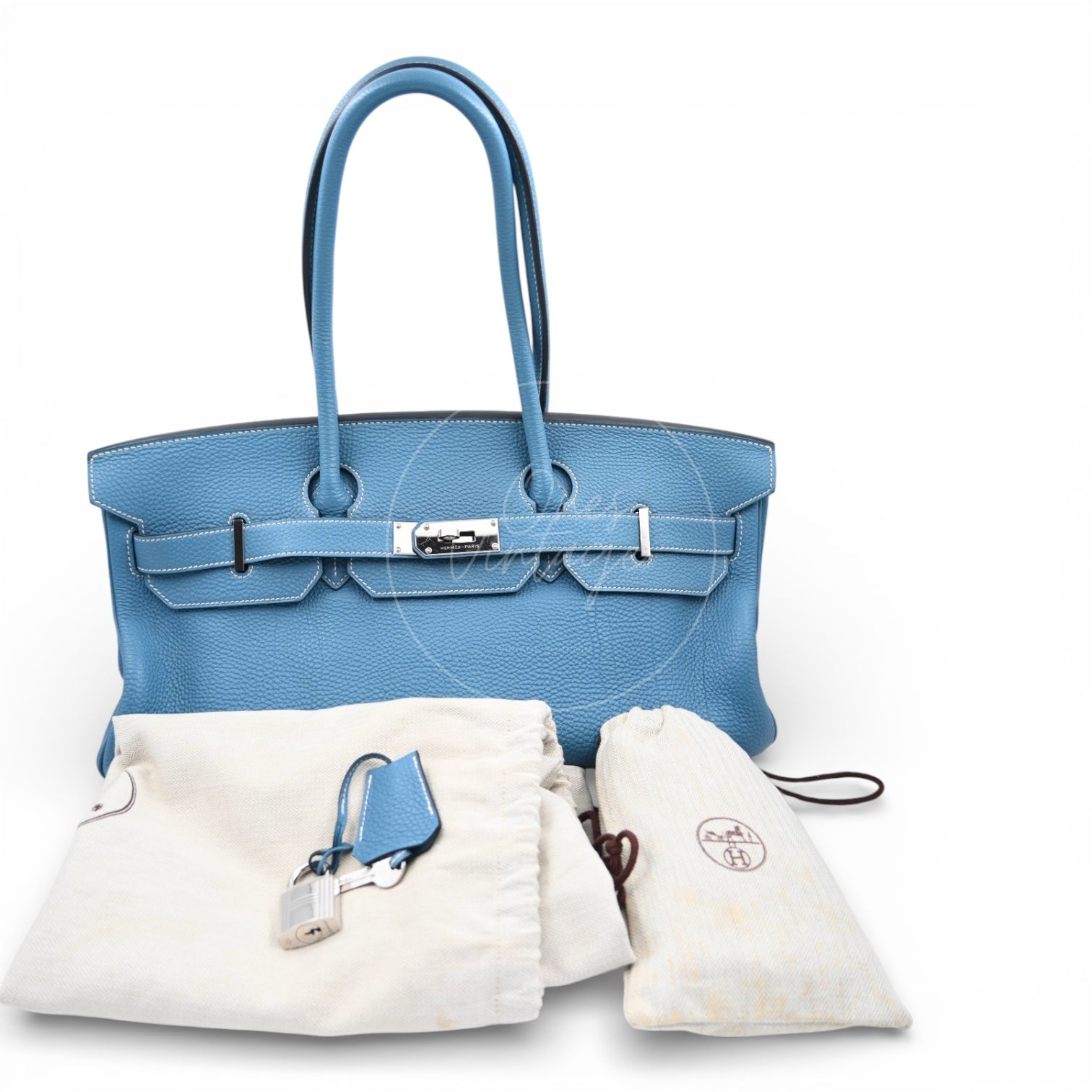 Hermes Birkin Shoulder Handbag PHW Denim Jean Blue Square N