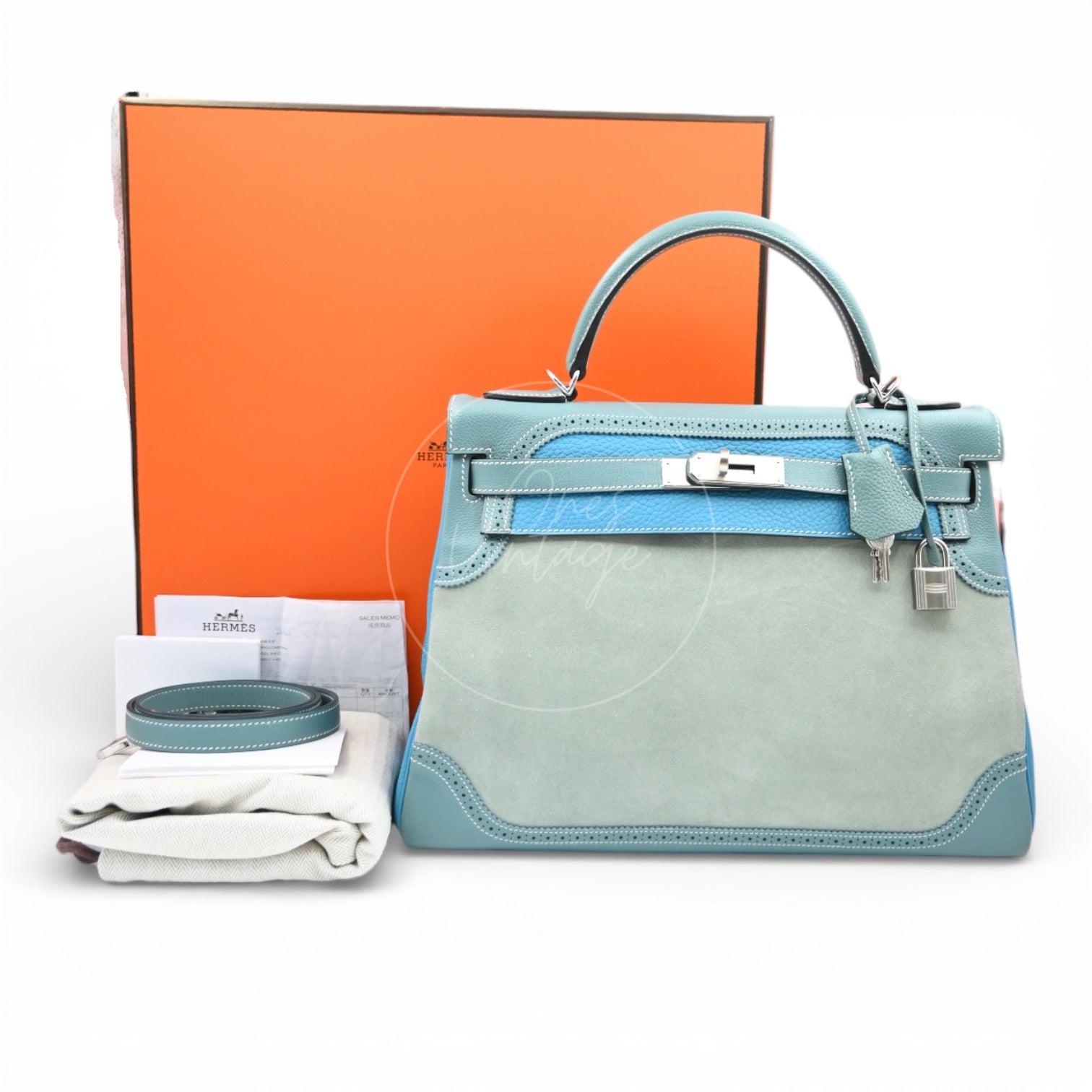 Hermes Kelly Ghillies 32 Turquoise Doblis Suede Clemence Evercolor Bag PHW Tricolour Square R