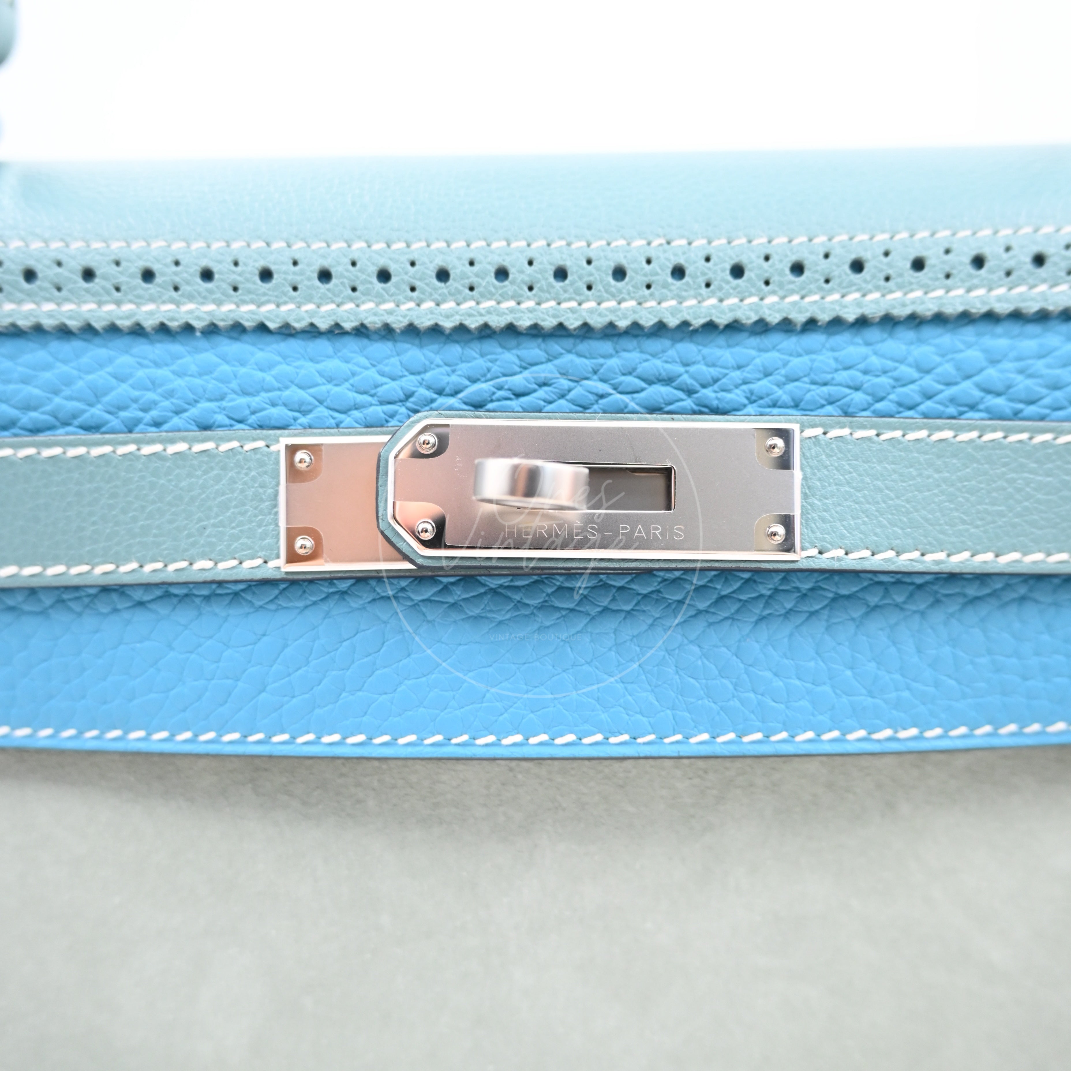Hermes Kelly Ghillies 32 Turquoise Doblis Suede Clemence Evercolor Bag PHW Tricolour Square R