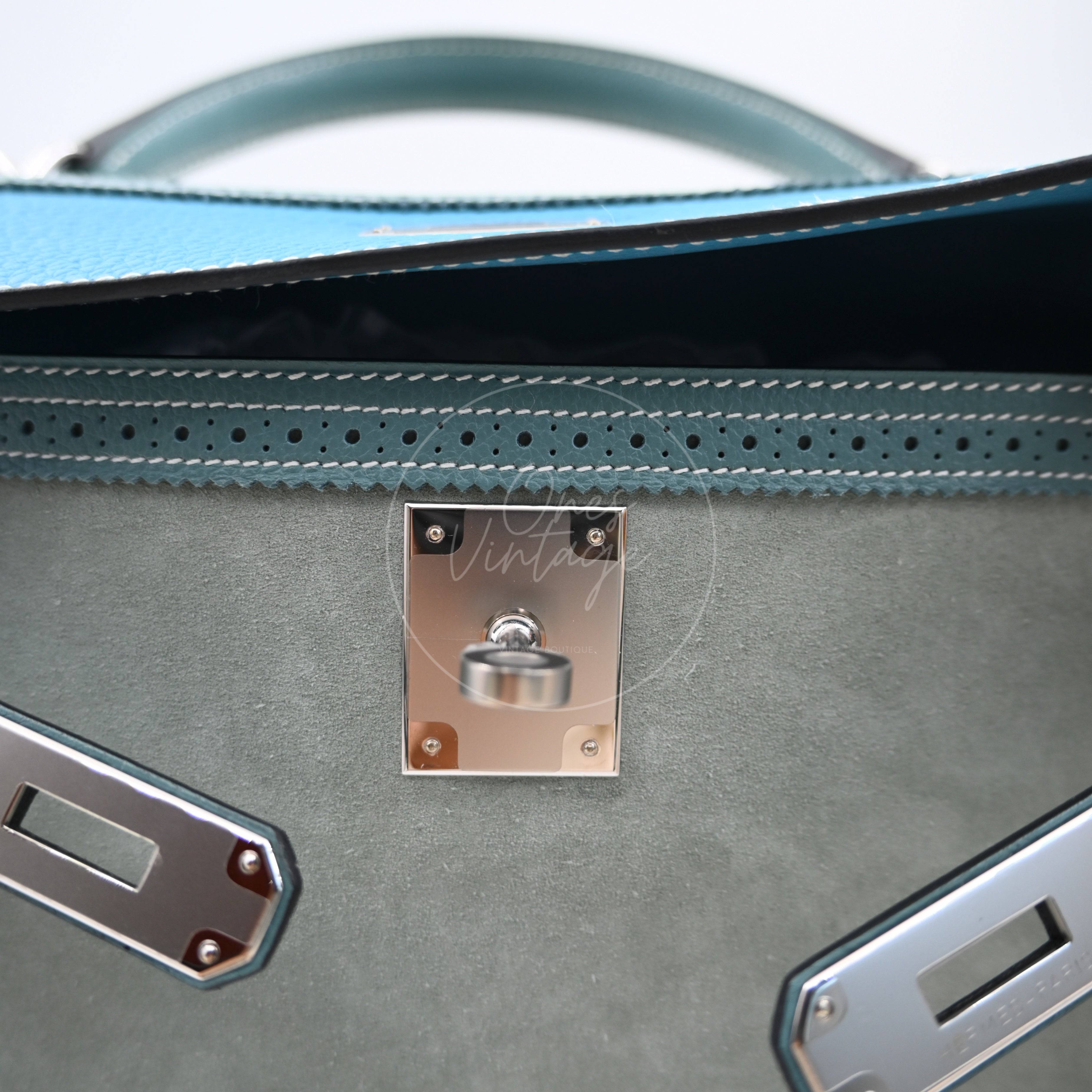 Hermes Kelly Ghillies 32 Turquoise Doblis Suede Clemence Evercolor Bag PHW Tricolour Square R