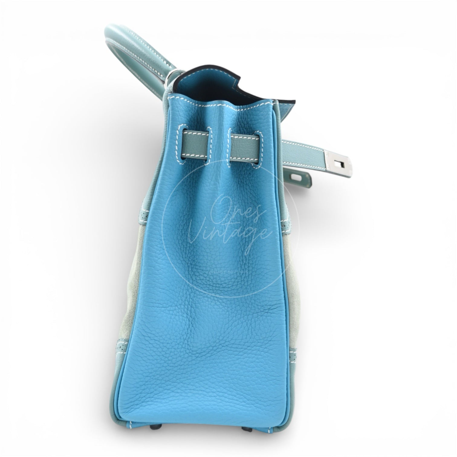 Hermes Kelly Ghillies 32 Turquoise Doblis Suede Clemence Evercolor Bag PHW Tricolour Square R