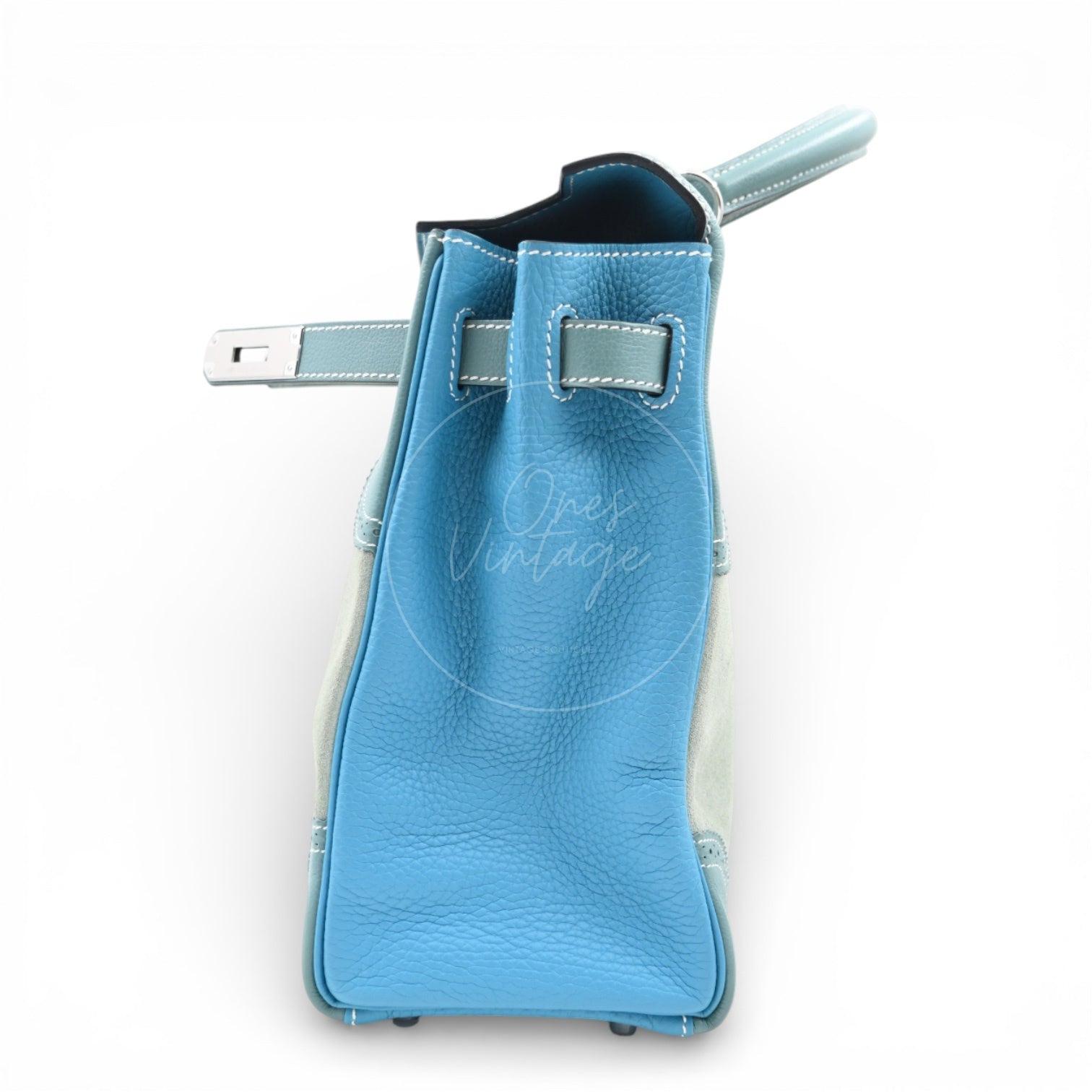 Hermes Kelly Ghillies 32 Turquoise Doblis Suede Clemence Evercolor Bag PHW Tricolour Square R