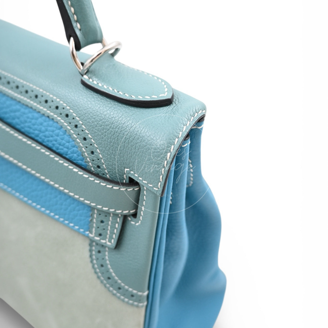 Hermes Kelly Ghillies 32 Turquoise Doblis Suede Clemence Evercolor Bag PHW Tricolour Square R
