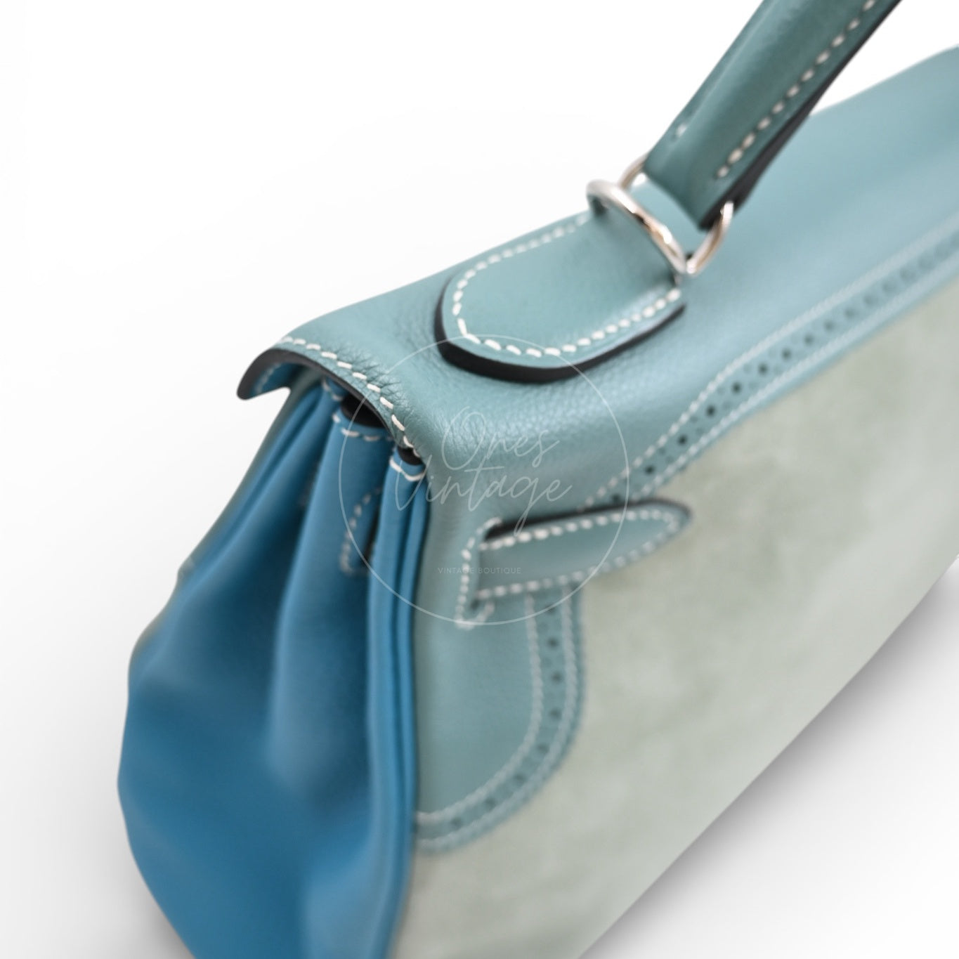 Hermes Kelly Ghillies 32 Turquoise Doblis Suede Clemence Evercolor Bag PHW Tricolour Square R