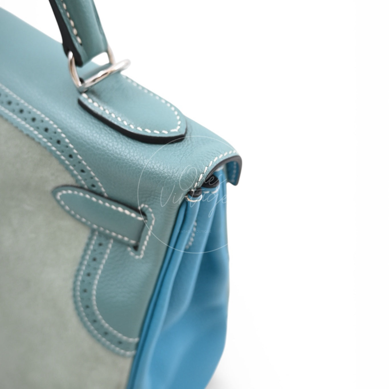 Hermes Kelly Ghillies 32 Turquoise Doblis Suede Clemence Evercolor Bag PHW Tricolour Square R