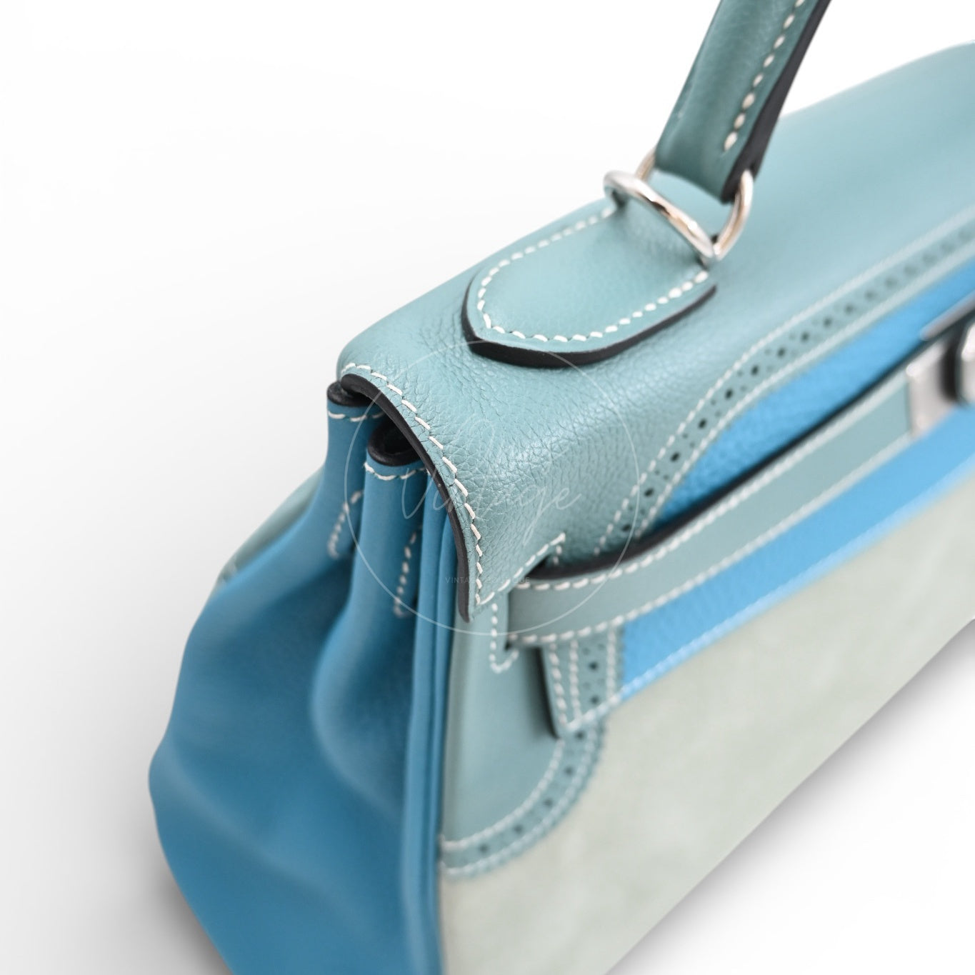 Hermes Kelly Ghillies 32 Turquoise Doblis Suede Clemence Evercolor Bag PHW Tricolour Square R
