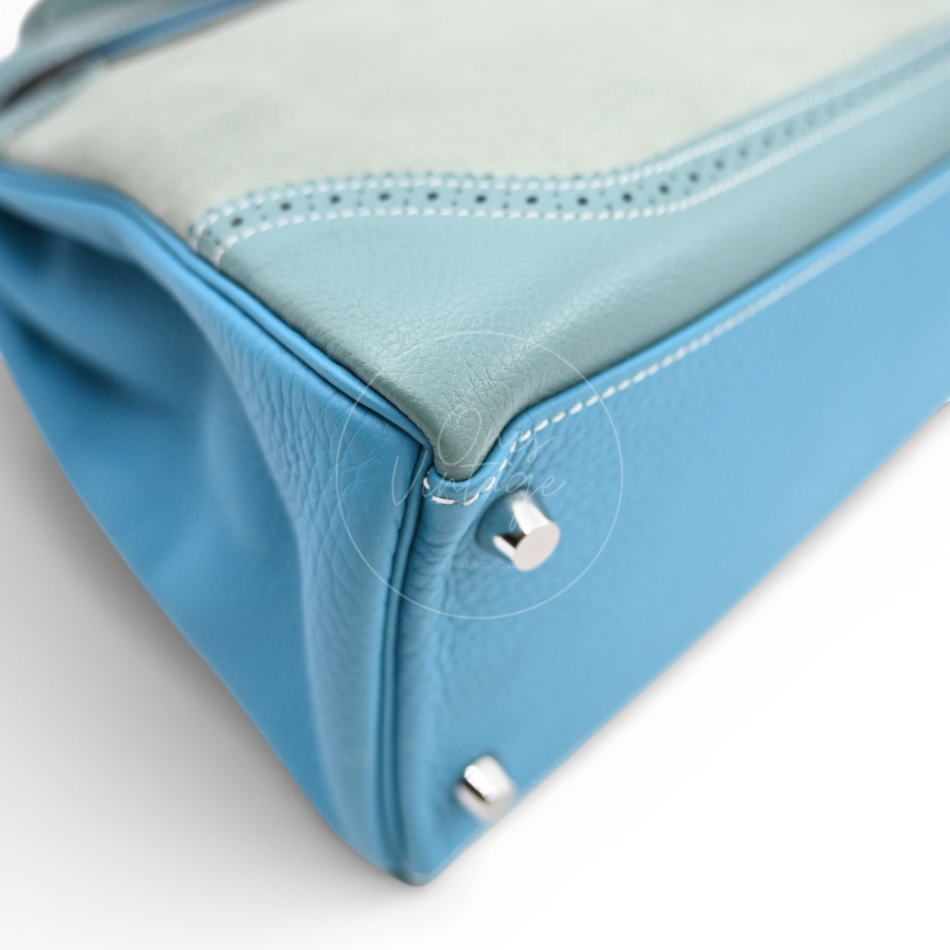 Hermes Kelly Ghillies 32 Turquoise Doblis Suede Clemence Evercolor Bag PHW Tricolour Square R