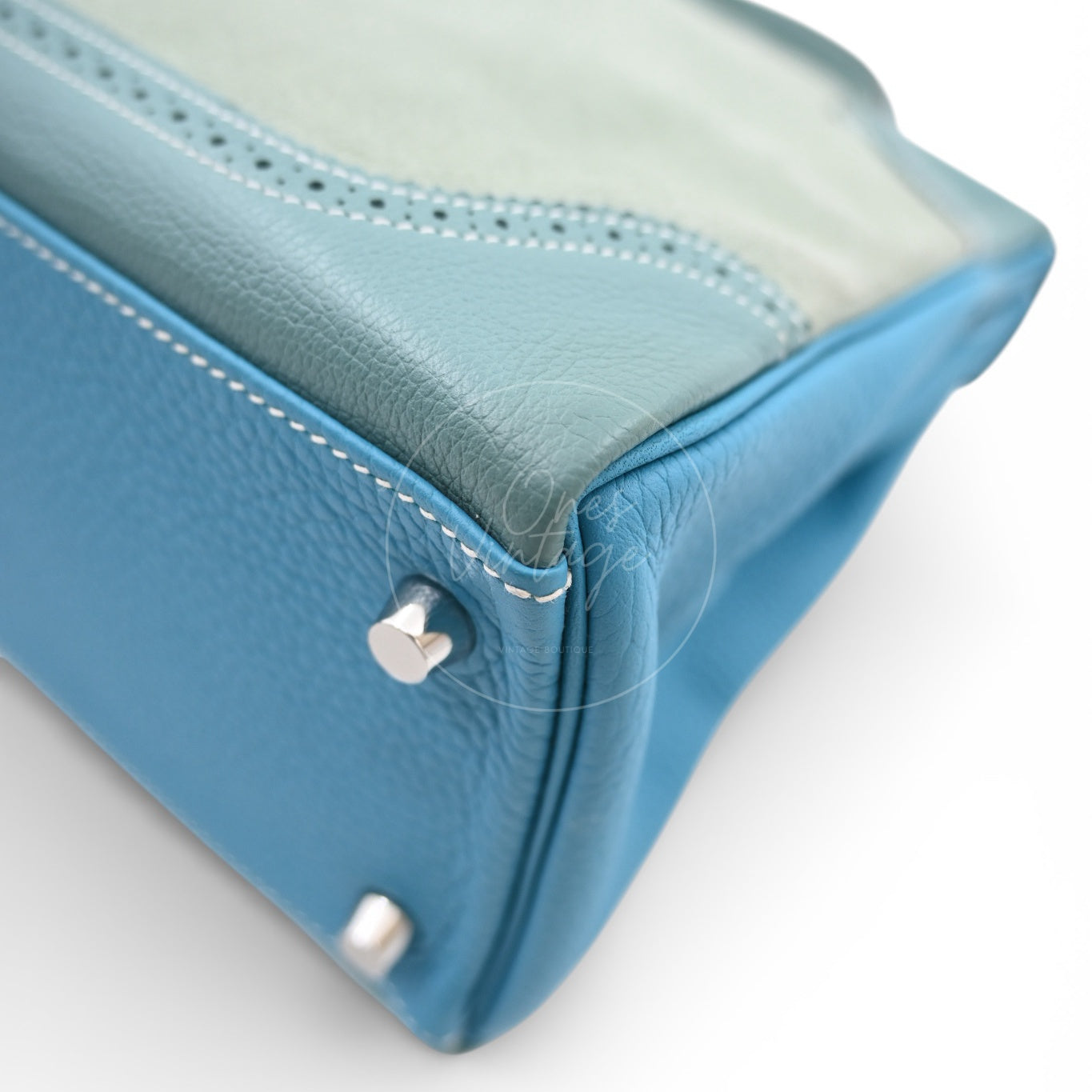 Hermes Kelly Ghillies 32 Turquoise Doblis Suede Clemence Evercolor Bag PHW Tricolour Square R