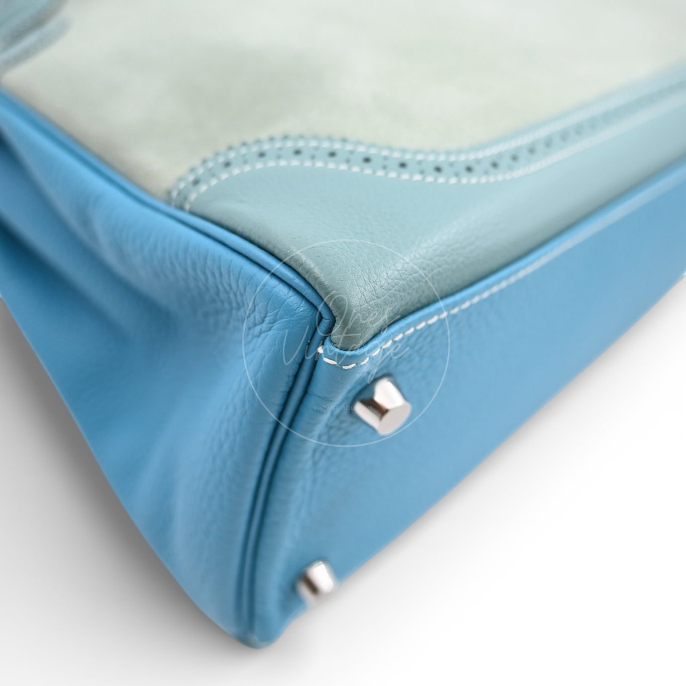 Hermes Kelly Ghillies 32 Turquoise Doblis Suede Clemence Evercolor Bag PHW Tricolour Square R