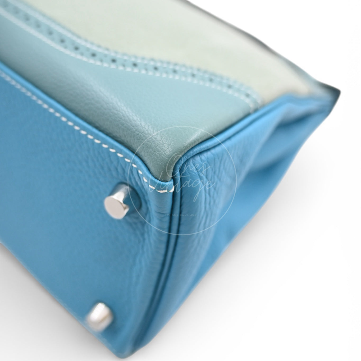 Hermes Kelly Ghillies 32 Turquoise Doblis Suede Clemence Evercolor Bag PHW Tricolour Square R