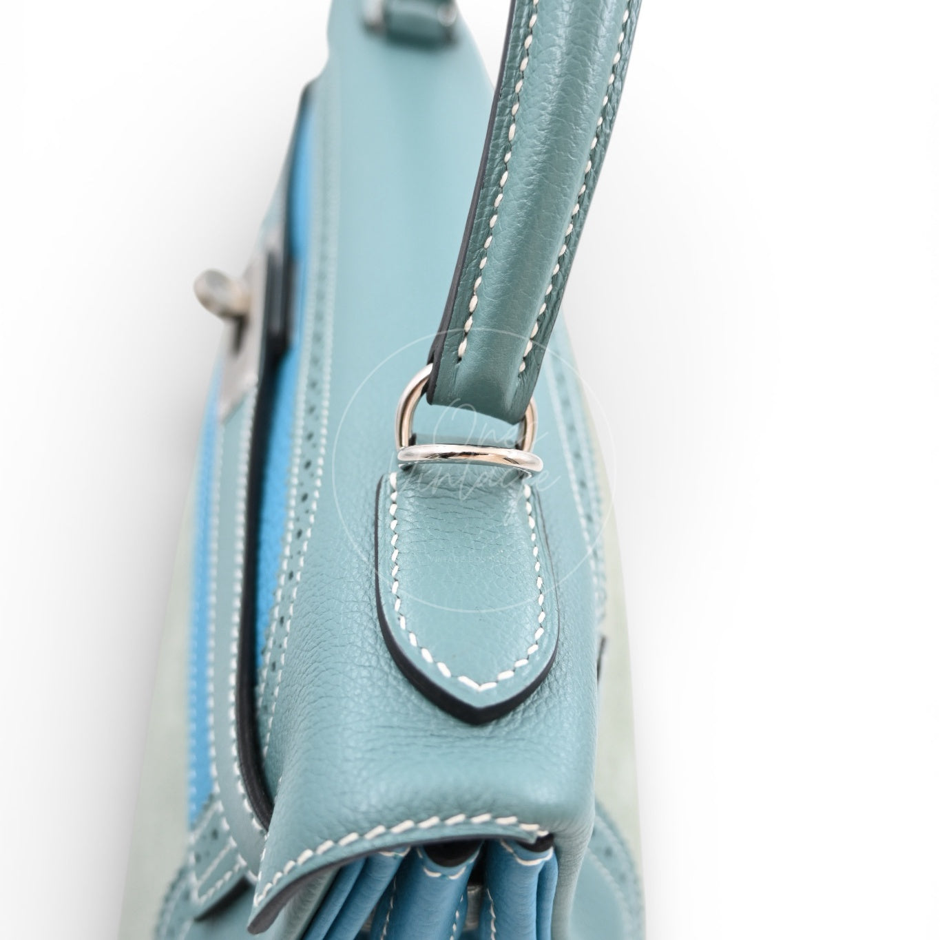 Hermes Kelly Ghillies 32 Turquoise Doblis Suede Clemence Evercolor Bag PHW Tricolour Square R