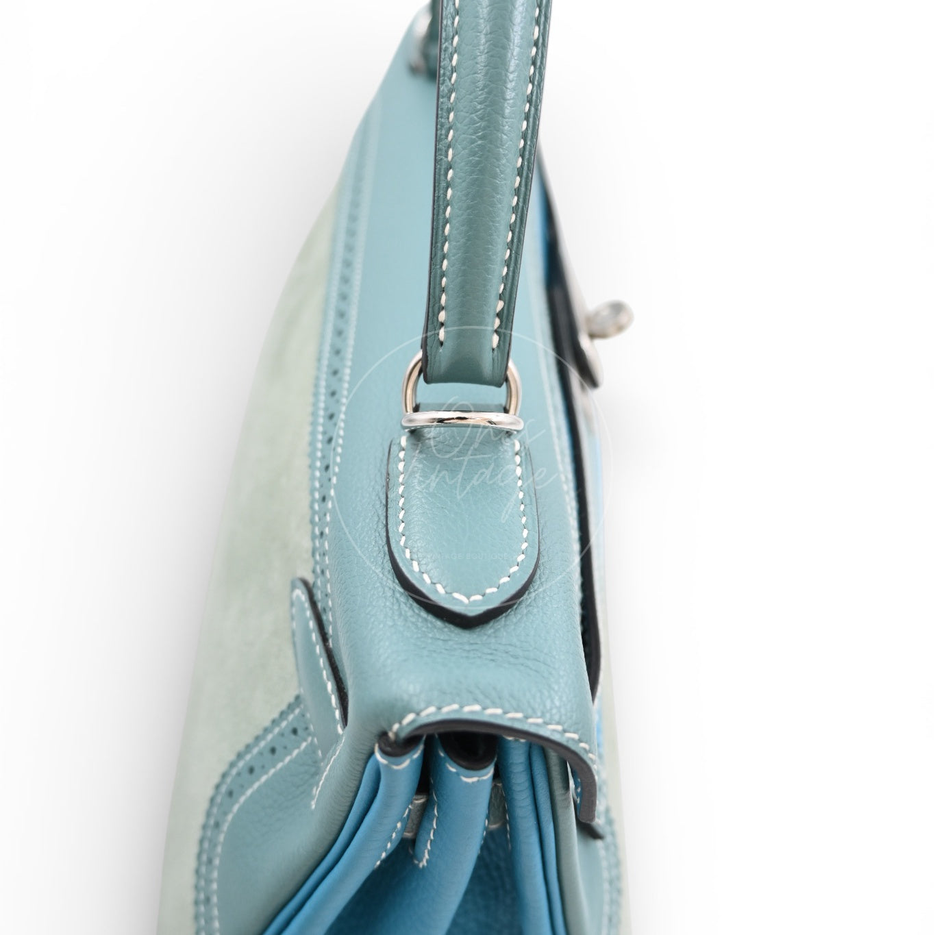 Hermes Kelly Ghillies 32 Turquoise Doblis Suede Clemence Evercolor Bag PHW Tricolour Square R