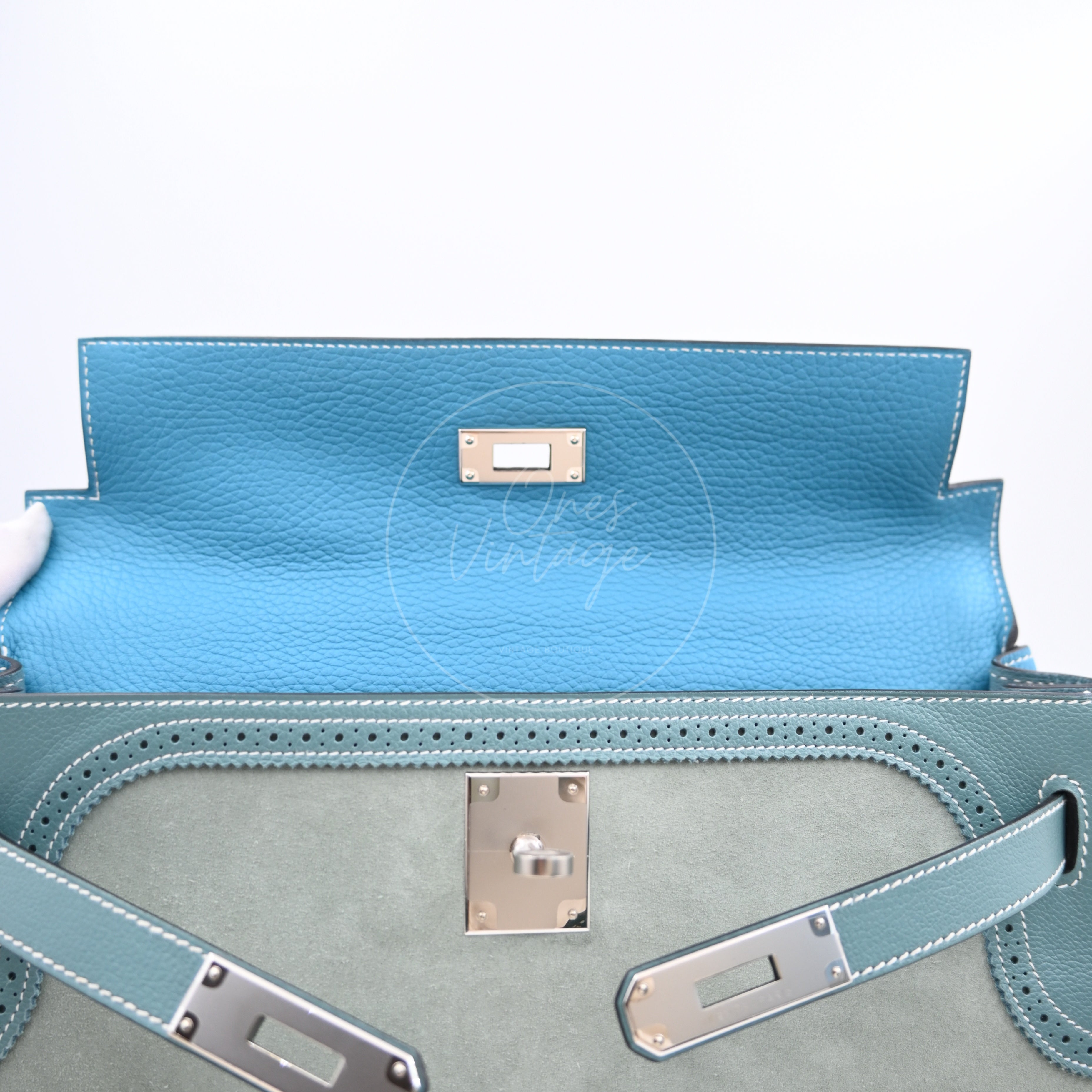 Hermes Kelly Ghillies 32 Turquoise Doblis Suede Clemence Evercolor Bag PHW Tricolour Square R