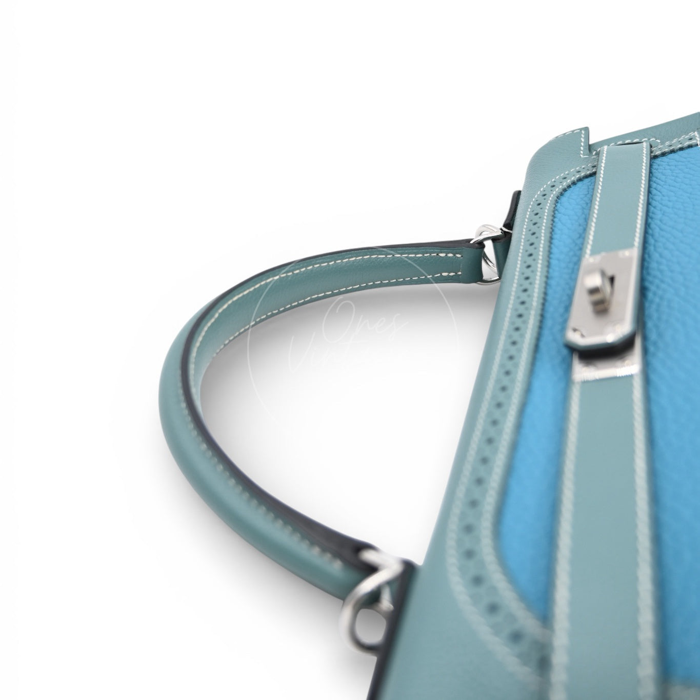 Hermes Kelly Ghillies 32 Turquoise Doblis Suede Clemence Evercolor Bag PHW Tricolour Square R