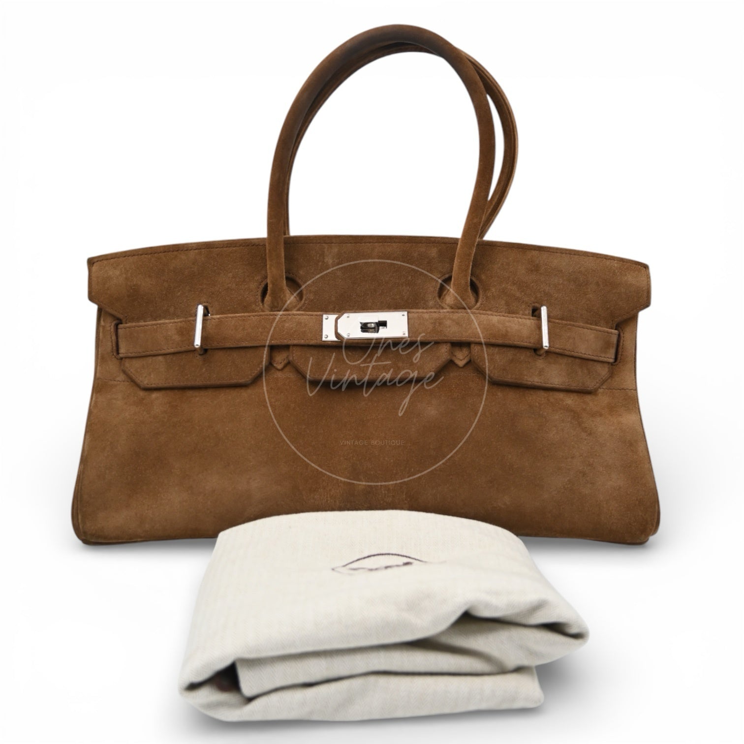 Hermes Birkin Shoulder Doblis Suede Brown Bag PHW Brown Square R