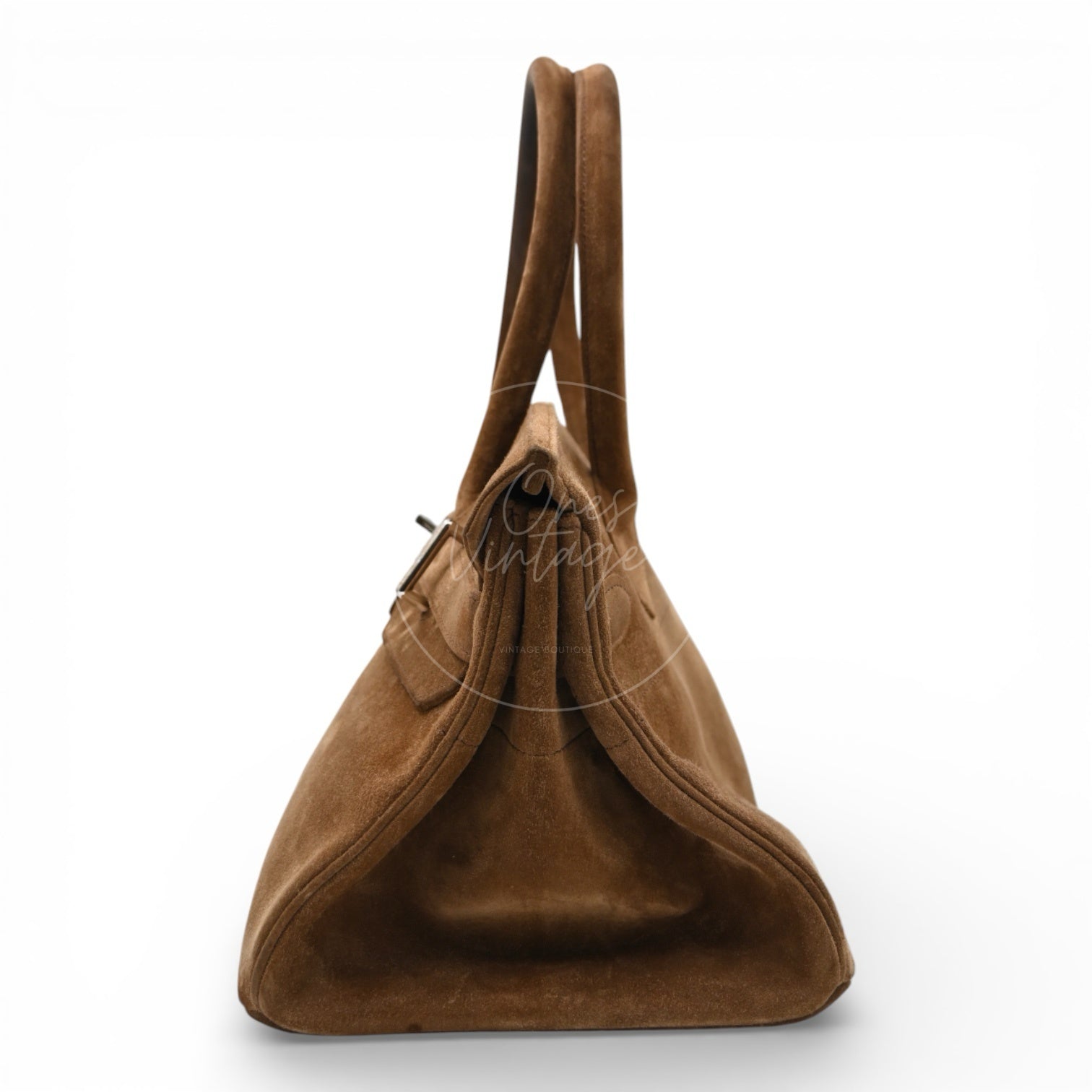 Hermes Birkin Shoulder Doblis Suede Brown Bag PHW Brown Square R