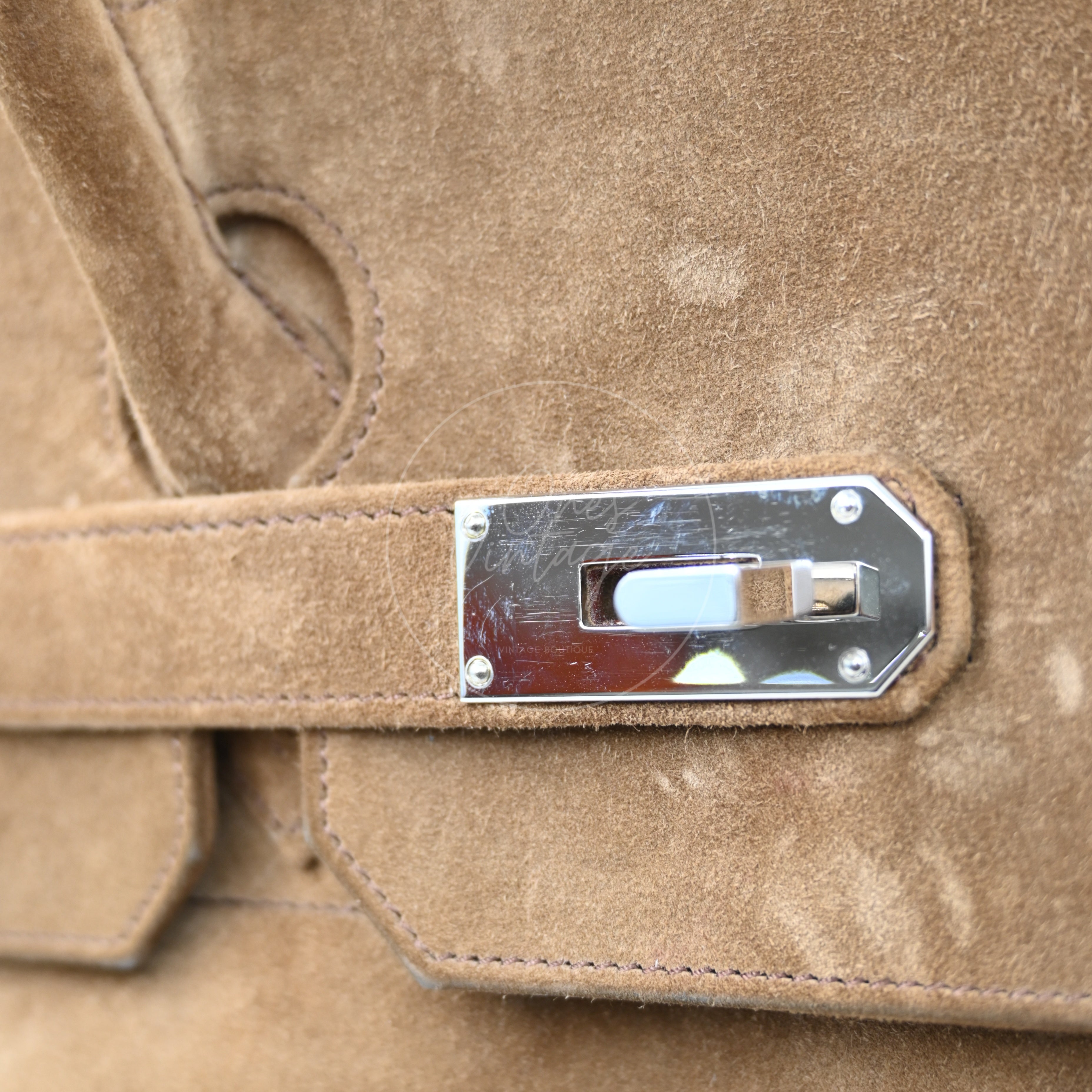 Hermes Birkin Shoulder Doblis Suede Brown Bag PHW Brown Square R