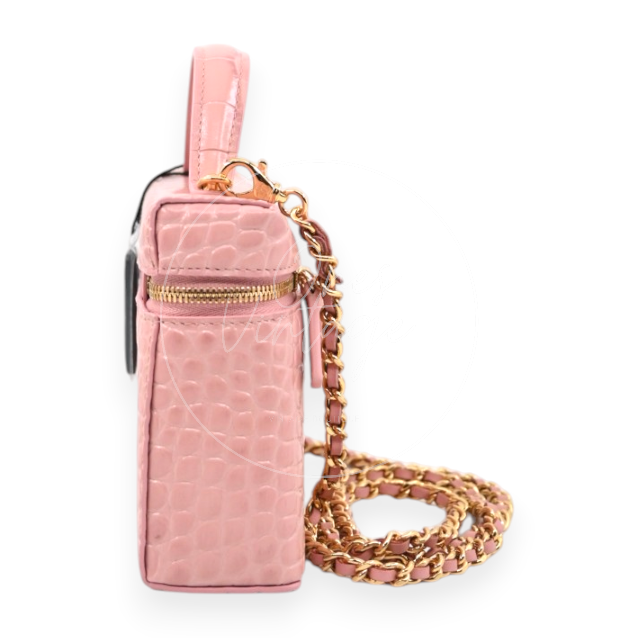 Chanel Calfskin Crocodile Embossed Slim Vanity Case With Chain Pink GHW Series K3