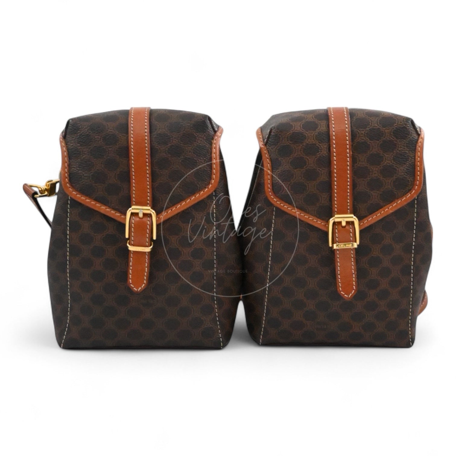 Céline Vintage Macadam canvas mini belt pouch waist bags with tan leather straps front view