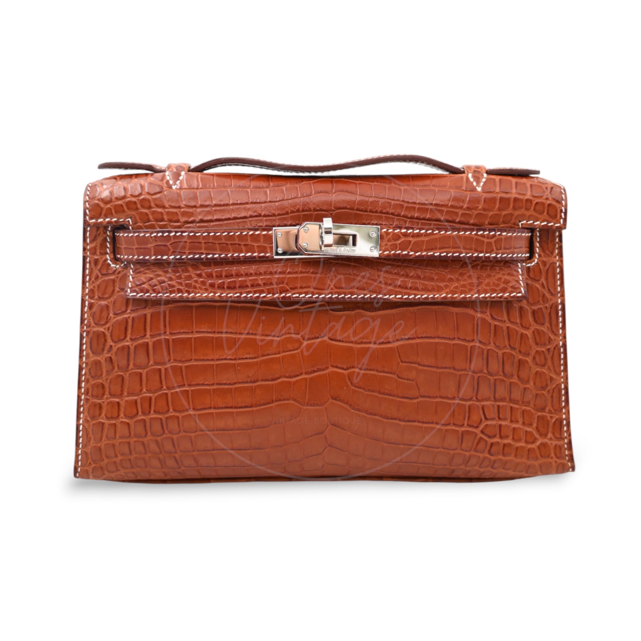 Hermes Mini Kelly Pochette Crocody Niloticus Gold Matte PHW Brown Square J