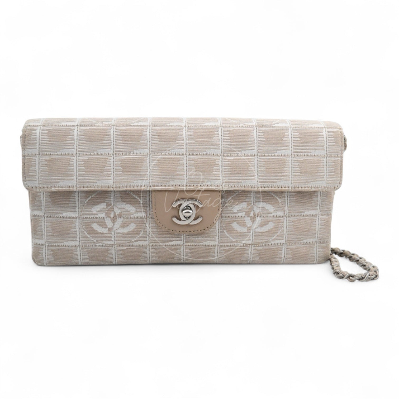 Chanel New Travel Line beige jacquard canvas flap bag with matte silver CC turn-lock