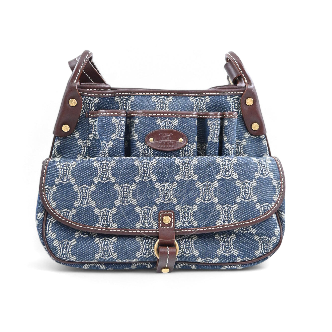 Céline Vintage Denim Triomphe canvas shoulder bag with brown leather multi-pockets front view
