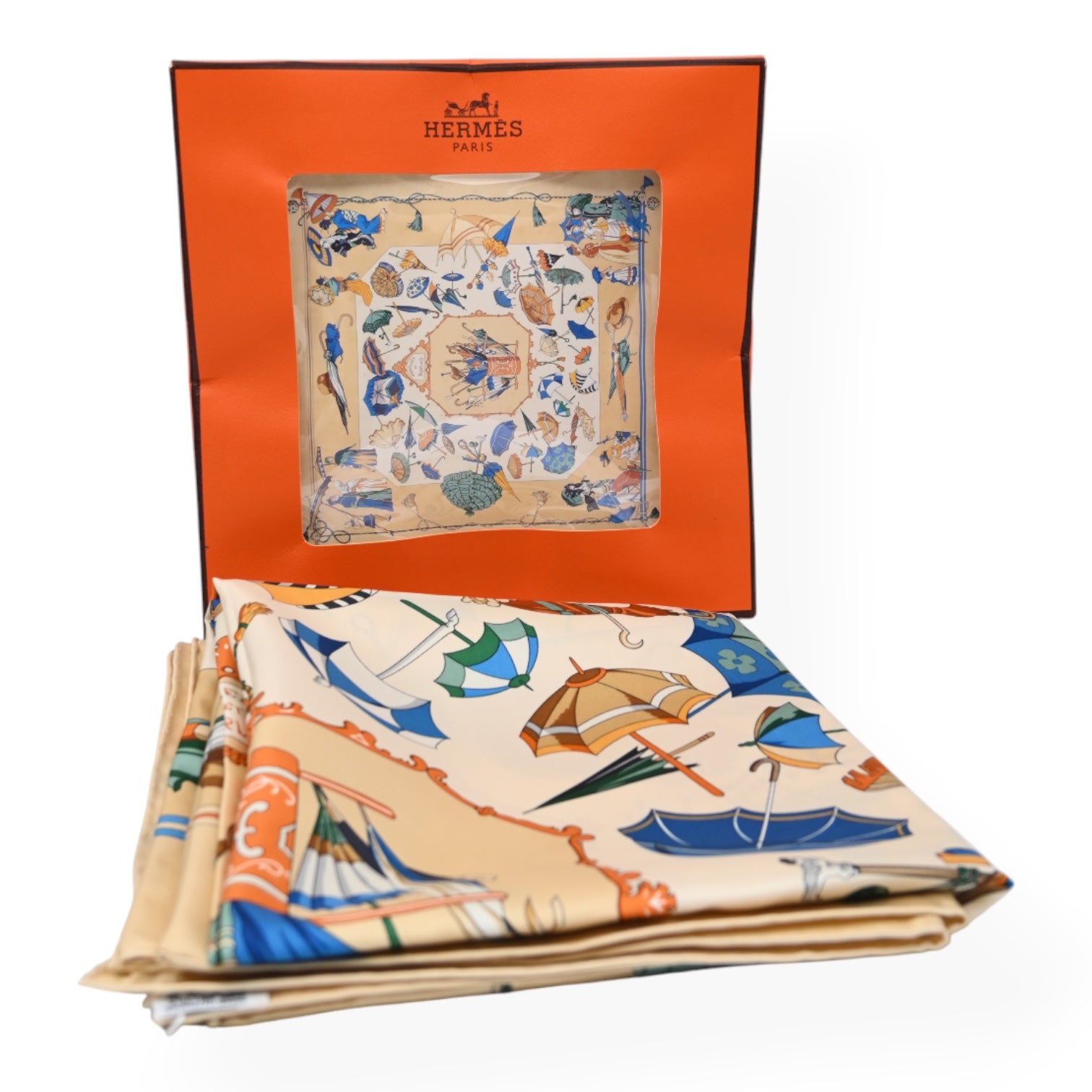 Hermes Carre 90 Ombrelles et Parapluies Beige Silk Square Scarf