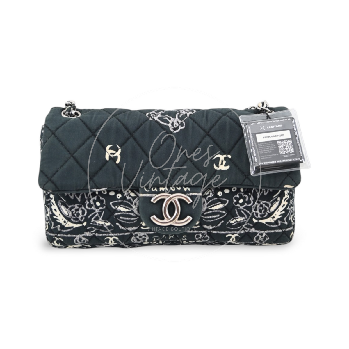 Chanel Small Bandana Single Flap in black quilted cotton with silver-tone hardware, featuring bandana print and CC turn-lock closure, front view