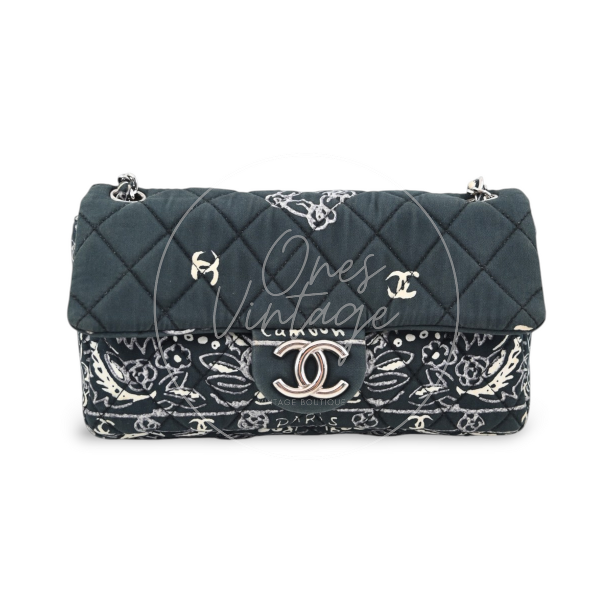 Chanel Small Bandana Single Flap in black quilted cotton with silver-tone hardware, featuring bandana print panel and CC turn-lock closure, front view