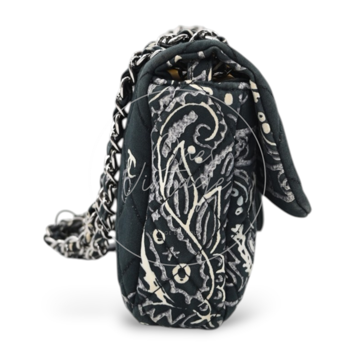 Chanel Small Bandana Single Flap in black quilted cotton with silver-tone hardware, featuring bandana print and chain strap, front three-quarter view
